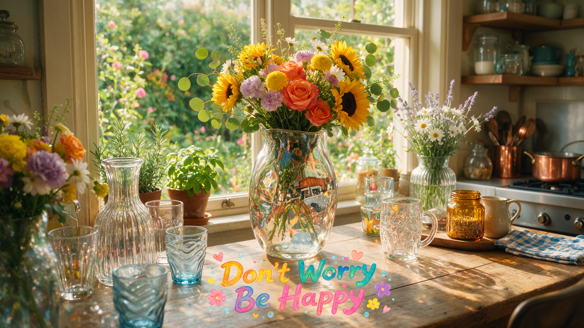4K Ultra HD PC desktop wallpaper: sunlit windowsill with a colorful bouquet of sunflowers and roses in a glass vase, glassware around it and Don't Worry Be Happy text.