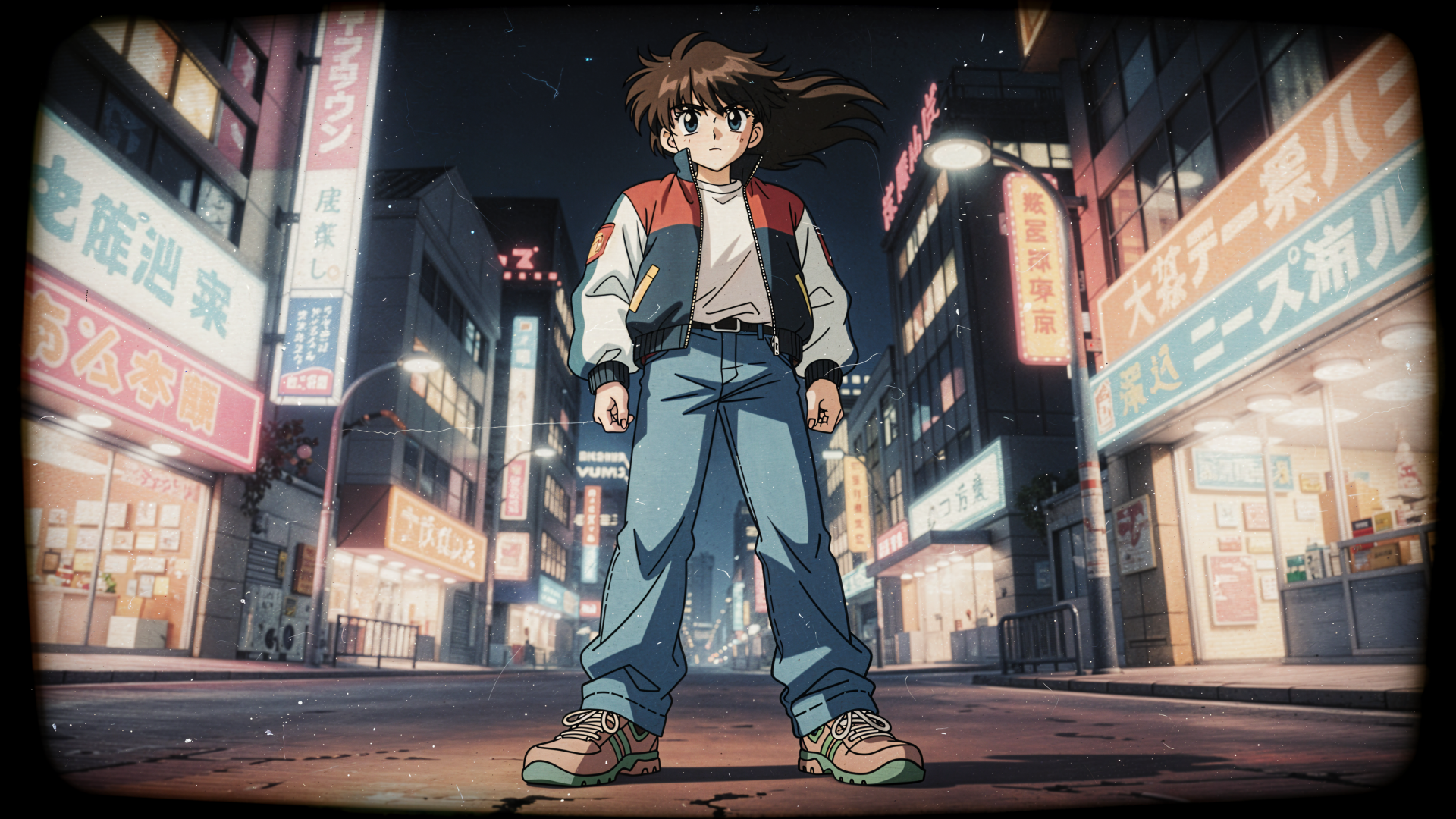 Cool anime boy stands in a neon-lit urban street at night, 4K Ultra HD PC desktop wallpaper background.