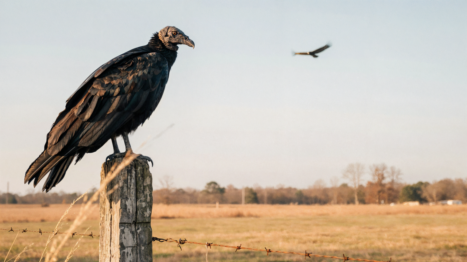 Vulture bird perched on a fence post in an open field, a second vulture gliding overhead under a pale sky — 4K Ultra HD PC desktop wallpaper and background.