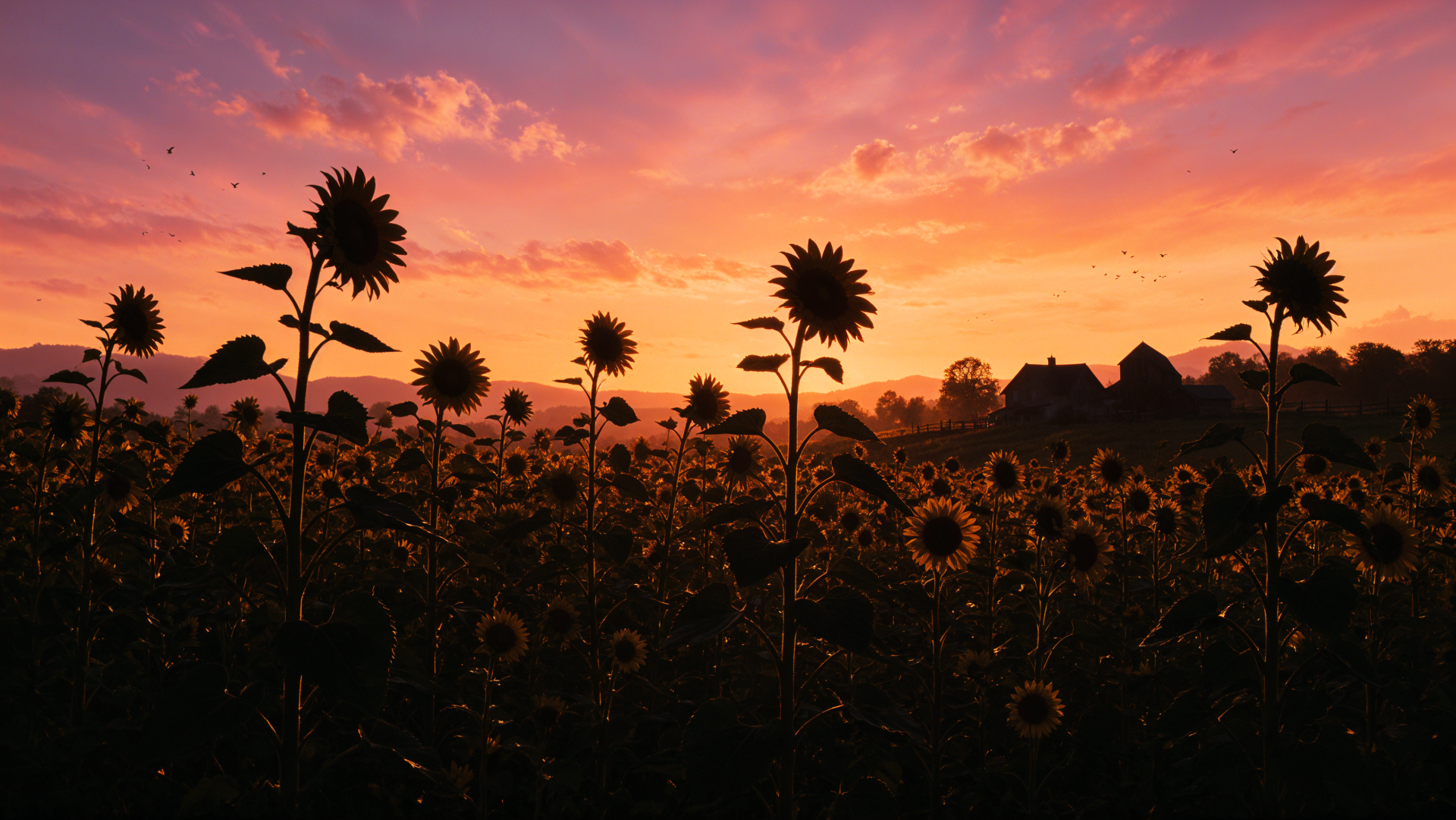 4K Ultra HD PC desktop wallpaper: expansive sunflower field at sunset with silhouetted blooms against a warm orange-pink sky, distant farmhouse on the horizon.