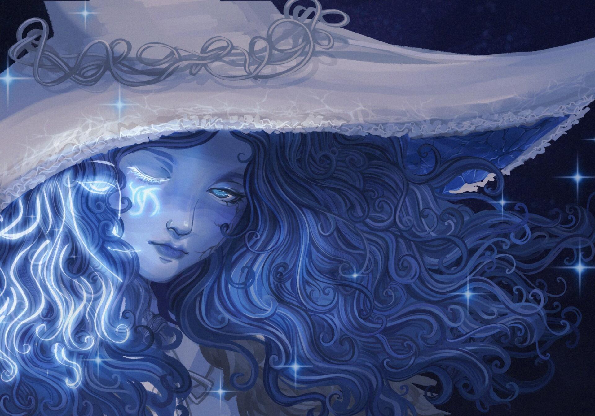 HD PC desktop wallpaper/background of Ranni the Witch (video game): ethereal blue portrait with flowing curls, wide-brim hat, starry accents and a glowing eye.