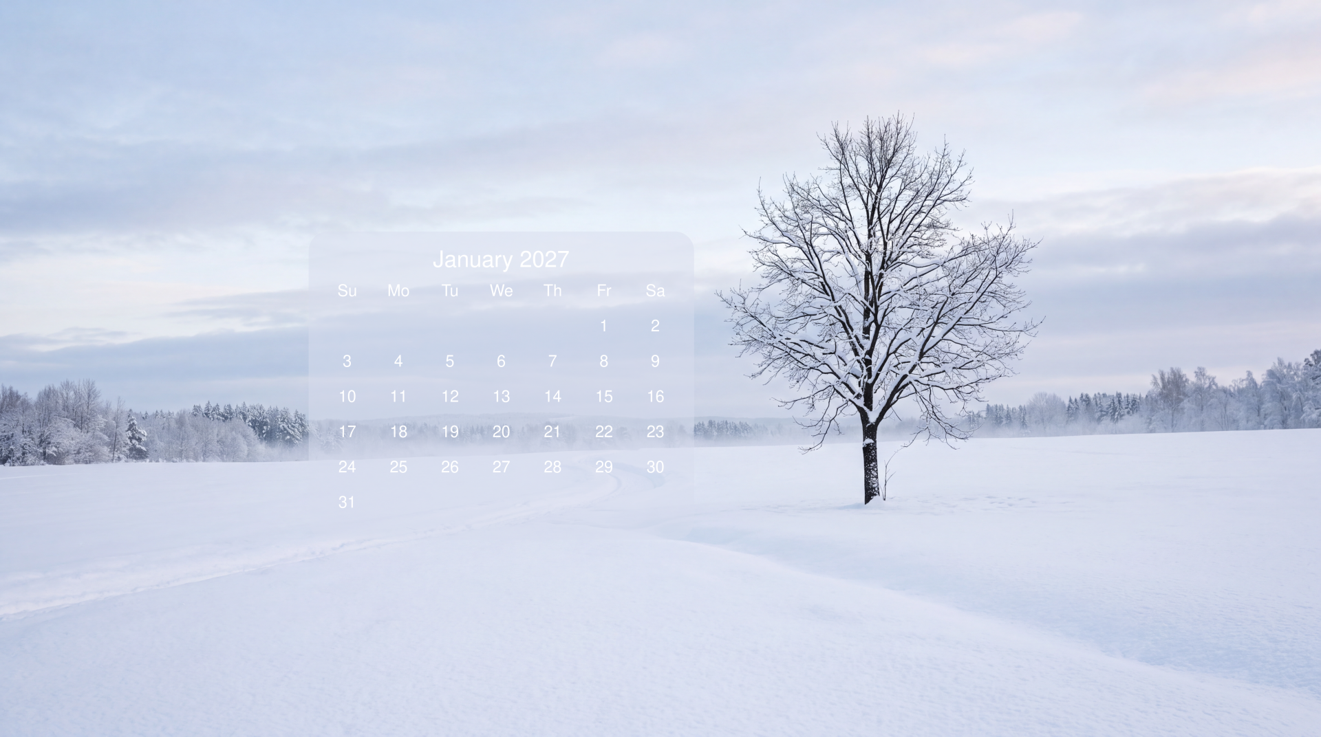 5K Ultra HD PC desktop wallpaper: January 2027 calendar over a serene winter landscape — a solitary bare tree in a vast snowfield under a pale sky.