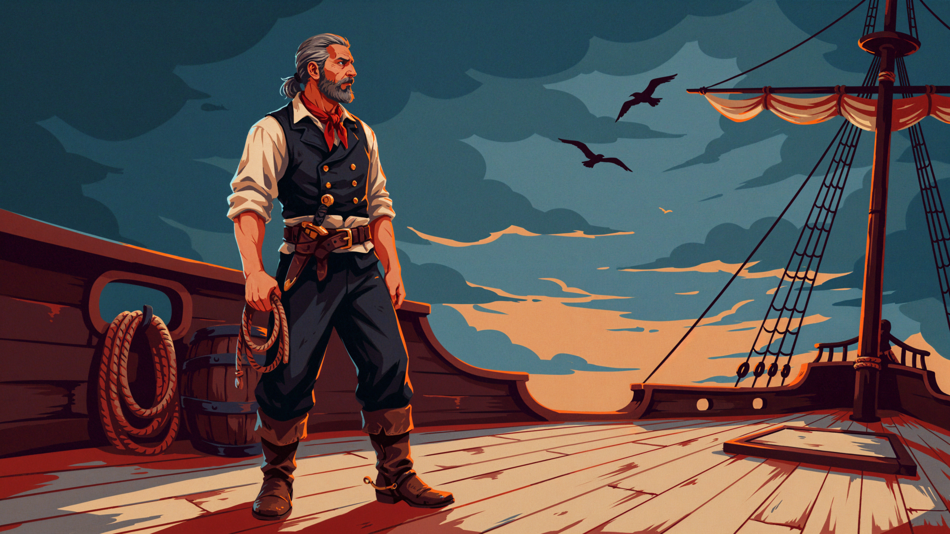 4K Ultra HD PC desktop wallpaper and background: a pirate sailor stands on a ship's wooden deck at sunset, ropes and rigging nearby, seabirds and a dramatic sky on the horizon.