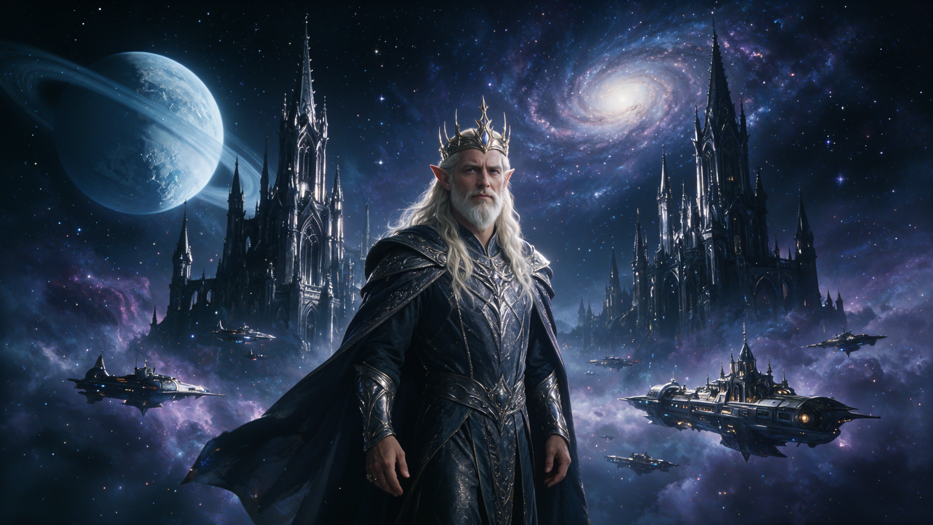 4K Ultra HD PC desktop wallpaper of an Elf King in ornate crown and armor standing before towering gothic castles and floating citadels beneath a moonlit spiral galaxy.