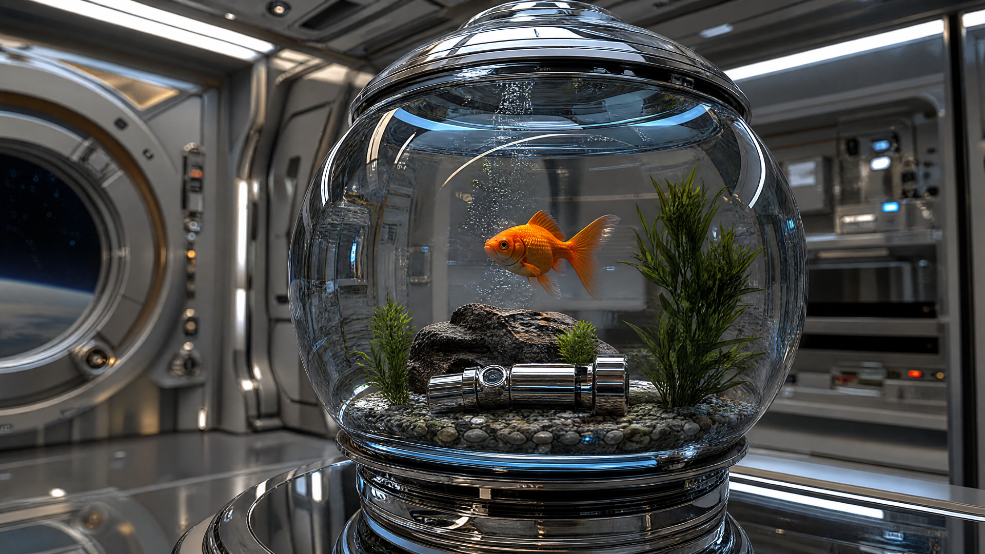 4K Ultra HD PC desktop wallpaper: a goldfish swimming in a glass fish bowl aquarium with pebbles and plants, reflected on a metallic surface inside a futuristic interior.