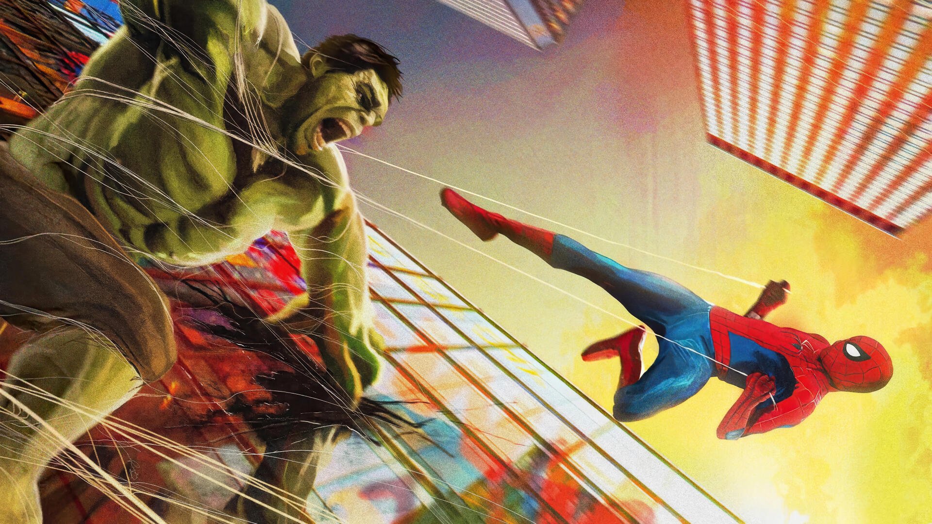 4K Ultra HD PC desktop wallpaper: Spider-Man: Brand New Day — Spider-Man swings between sunlit skyscrapers, confronting a charging green adversary mid-air.