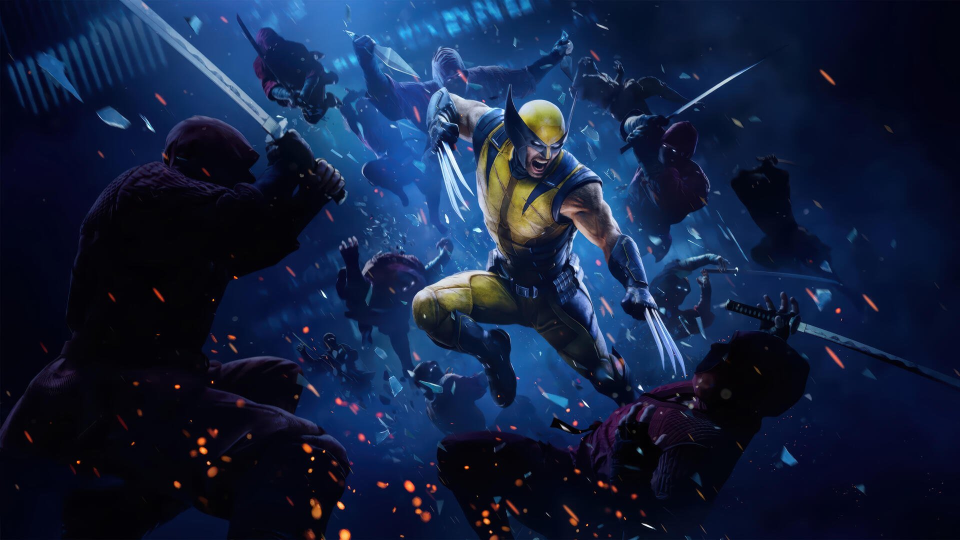 Marvel's Wolverine (X-Men) leaps forward, claws extended through a rain of sparks against a dark blue city backdrop — 4K Ultra HD PC desktop wallpaper.