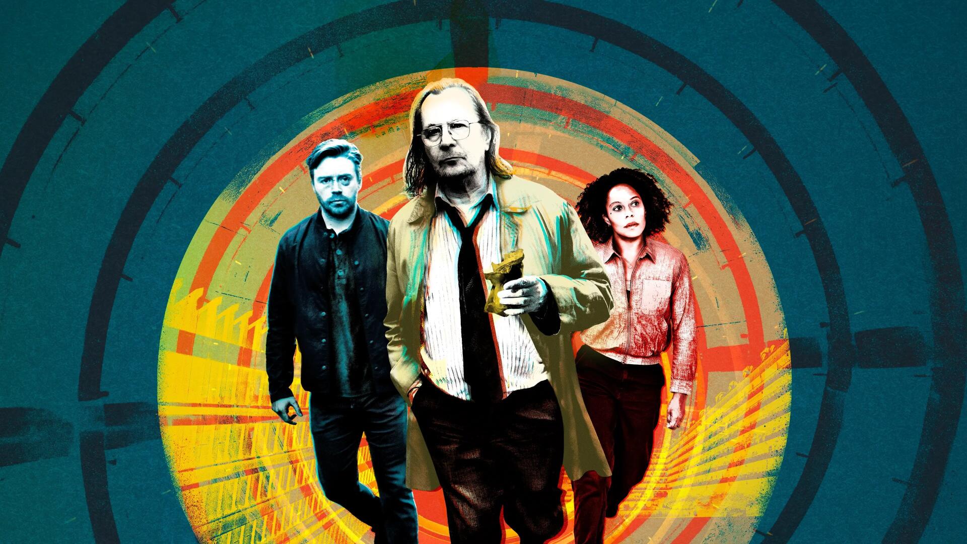 4K Ultra HD PC desktop wallpaper for Slow Horses: three agents—a disheveled man in a tie, a bearded man and a woman—stride toward the viewer against a colorful target-like spiral backdrop.
