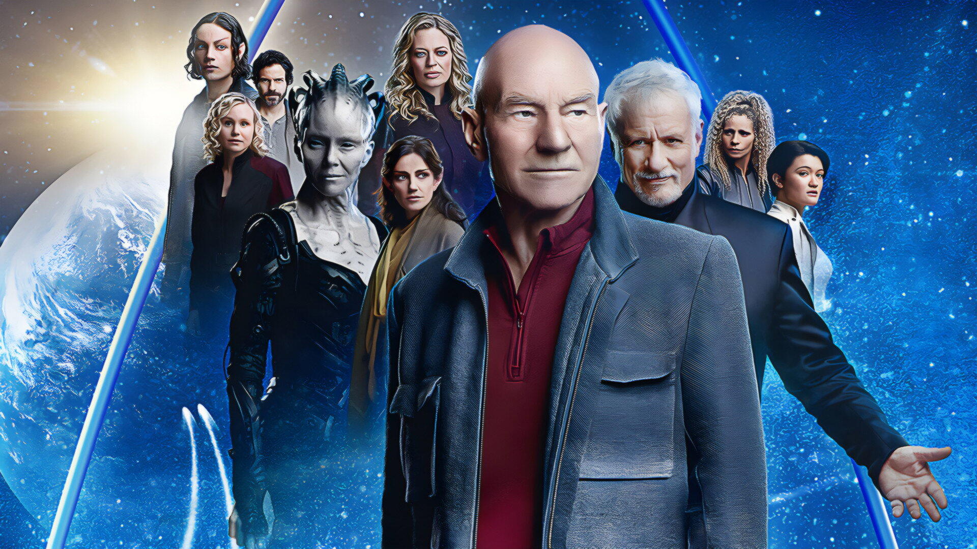 Star Trek: Picard HD PC desktop wallpaper — Jean‑Luc Picard and his crew stand before Earth and a starfield, framed by blue futuristic light streaks.