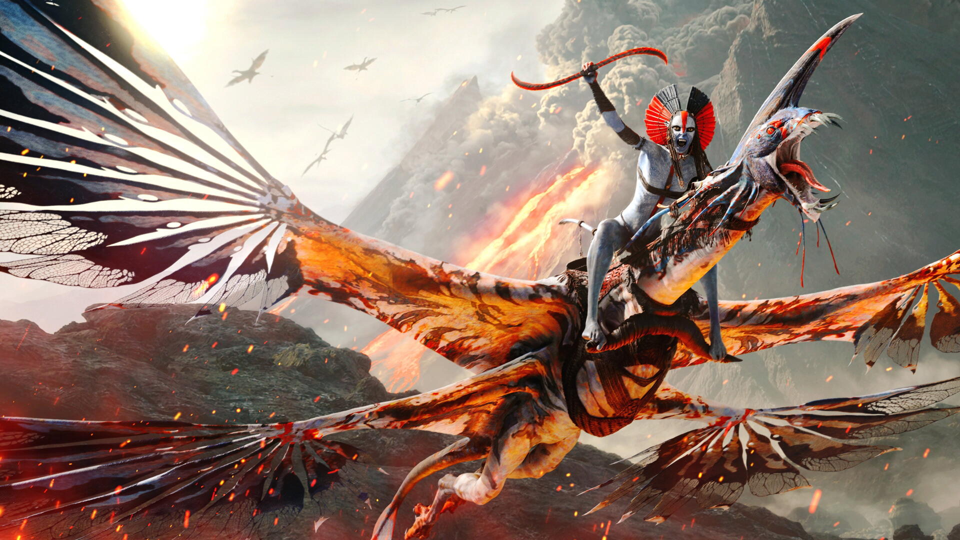 Avatar: Fire and Ash — 4K Ultra HD PC desktop wallpaper/background of an armored rider atop a flaming winged beast soaring over ash-choked volcanic peaks.