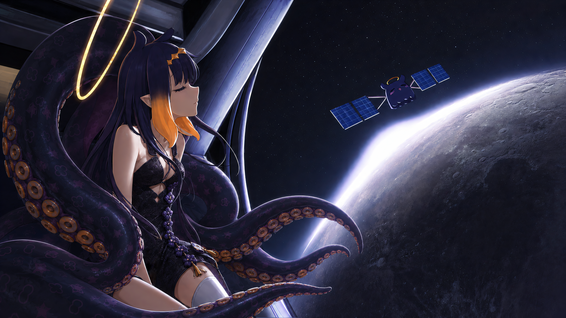 ins'nis 4K Ultra HD PC desktop wallpaper and background: an anime girl with octopus-like tentacles floating in space, gazing at a satellite above a shadowed, curved planet.