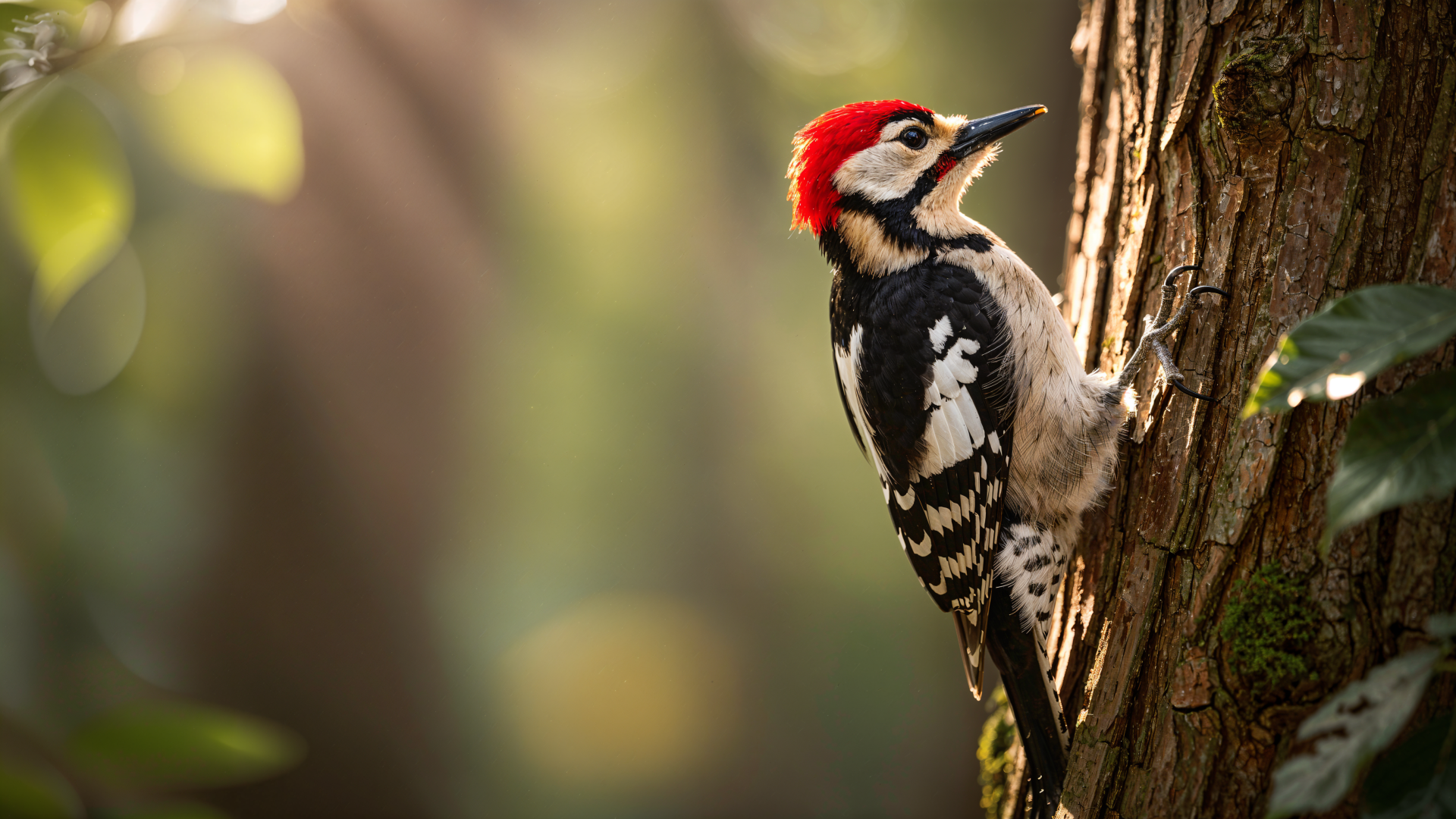 Woodpecker with a red nape clinging to a tree trunk against a soft, sunlit bokeh forest — 4K Ultra HD PC desktop wallpaper and background.