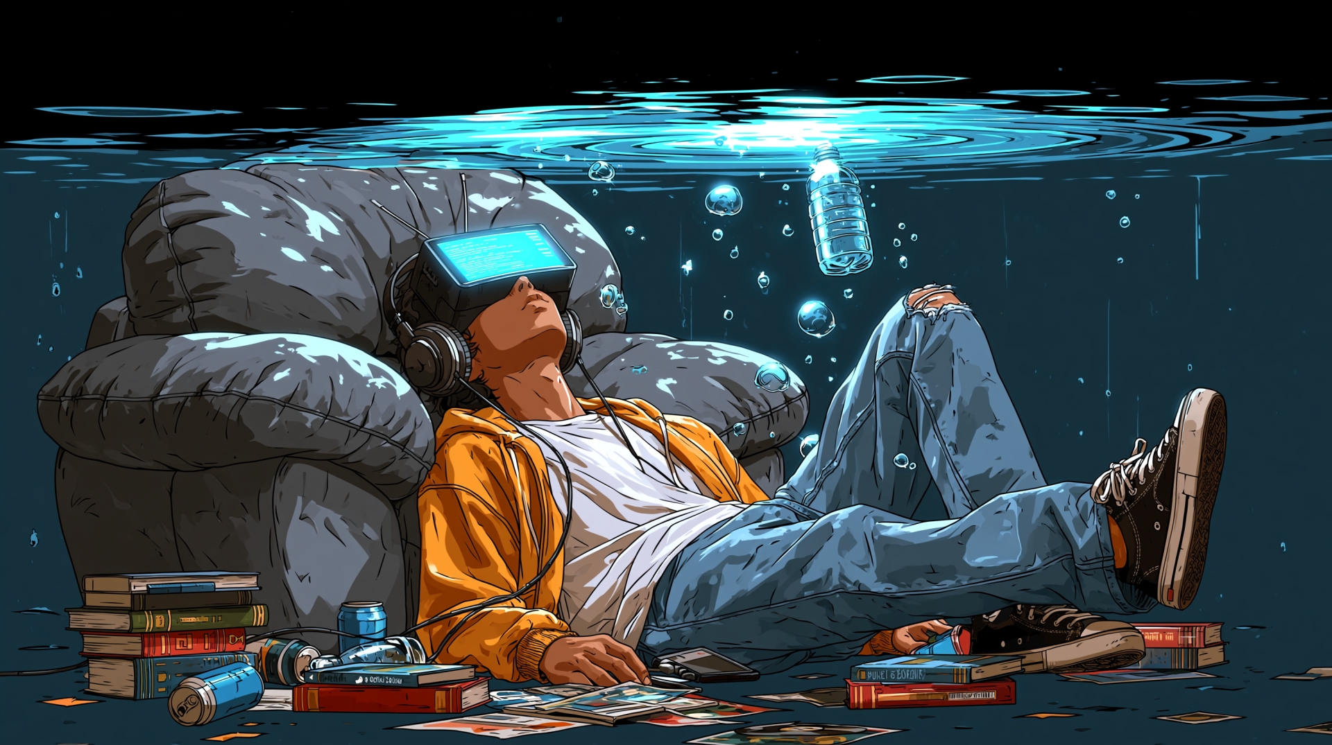 2K Quad HD PC desktop wallpaper: nostalgic scene of a man floating underwater, reclined on a couch with VR headset, surrounded by books and bubbles.