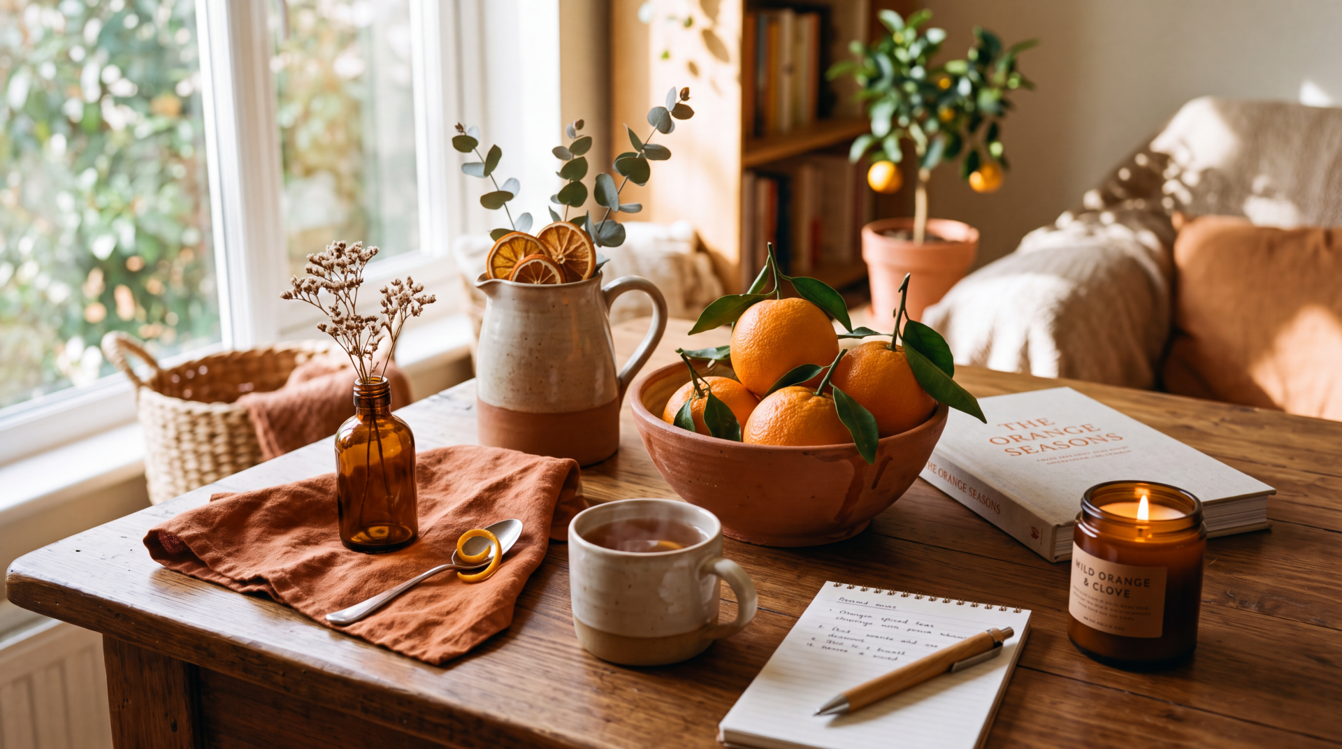 5K Ultra HD PC desktop wallpaper background: warm orange aesthetic table with bowl of oranges, steaming mug, candle, notebook and pen by a sunlit window.