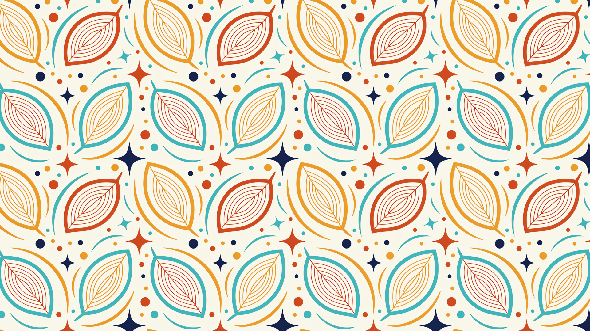 4K Ultra HD PC desktop wallpaper: repeating stylized leaf pattern in teal, orange, mustard and red with navy dots and star accents on a cream background.