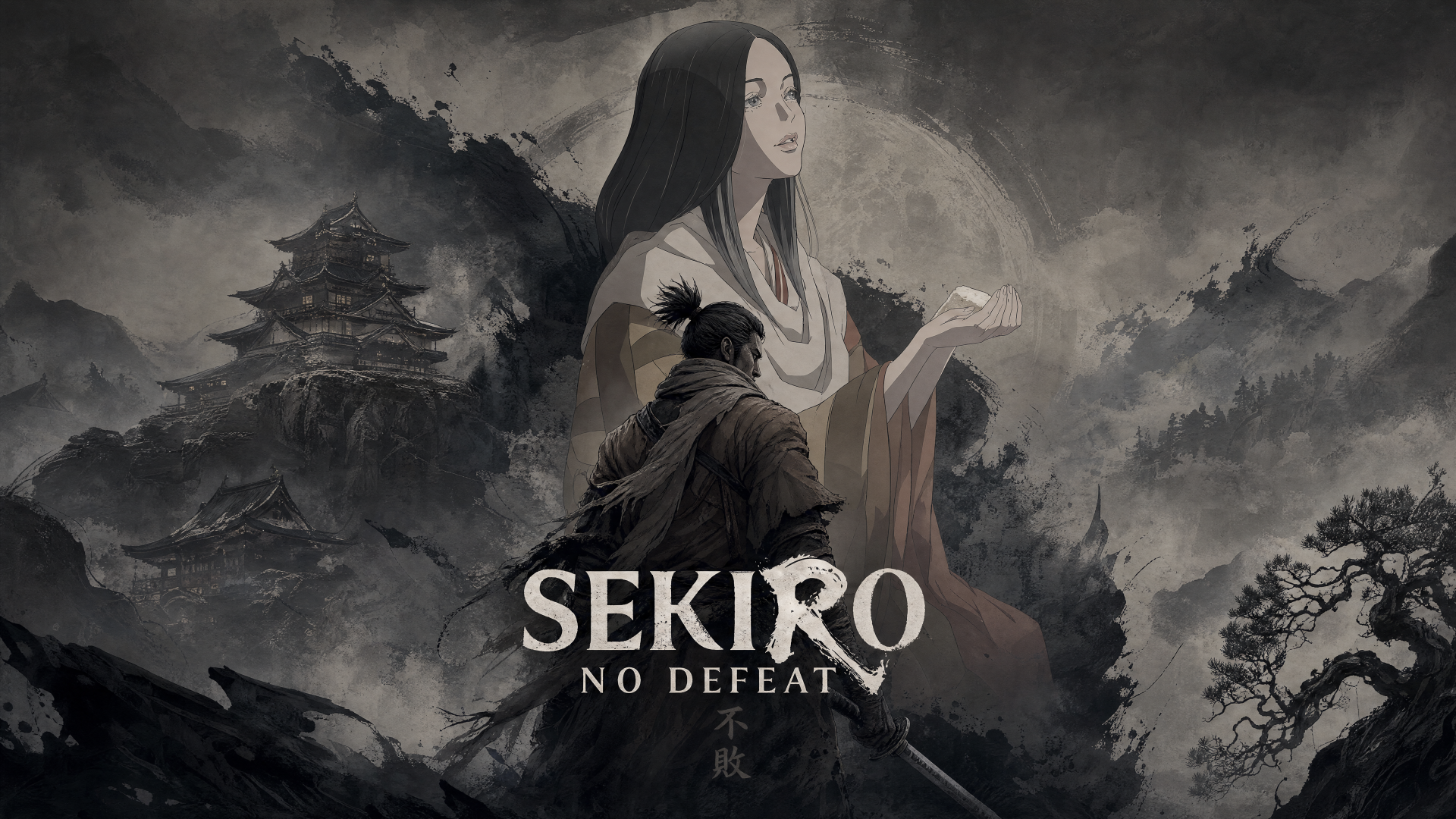 Sekiro: No Defeat video game 4K Ultra HD PC desktop wallpaper — lone samurai kneels before a pale, ghostly woman amid misty temples and jagged mountains.