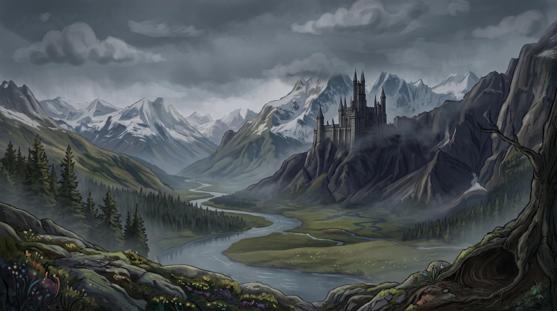 2K Quad HD PC desktop wallpaper/background: misty mountain panorama with a river winding through a valley toward a gothic castle perched on rocky cliffs.
