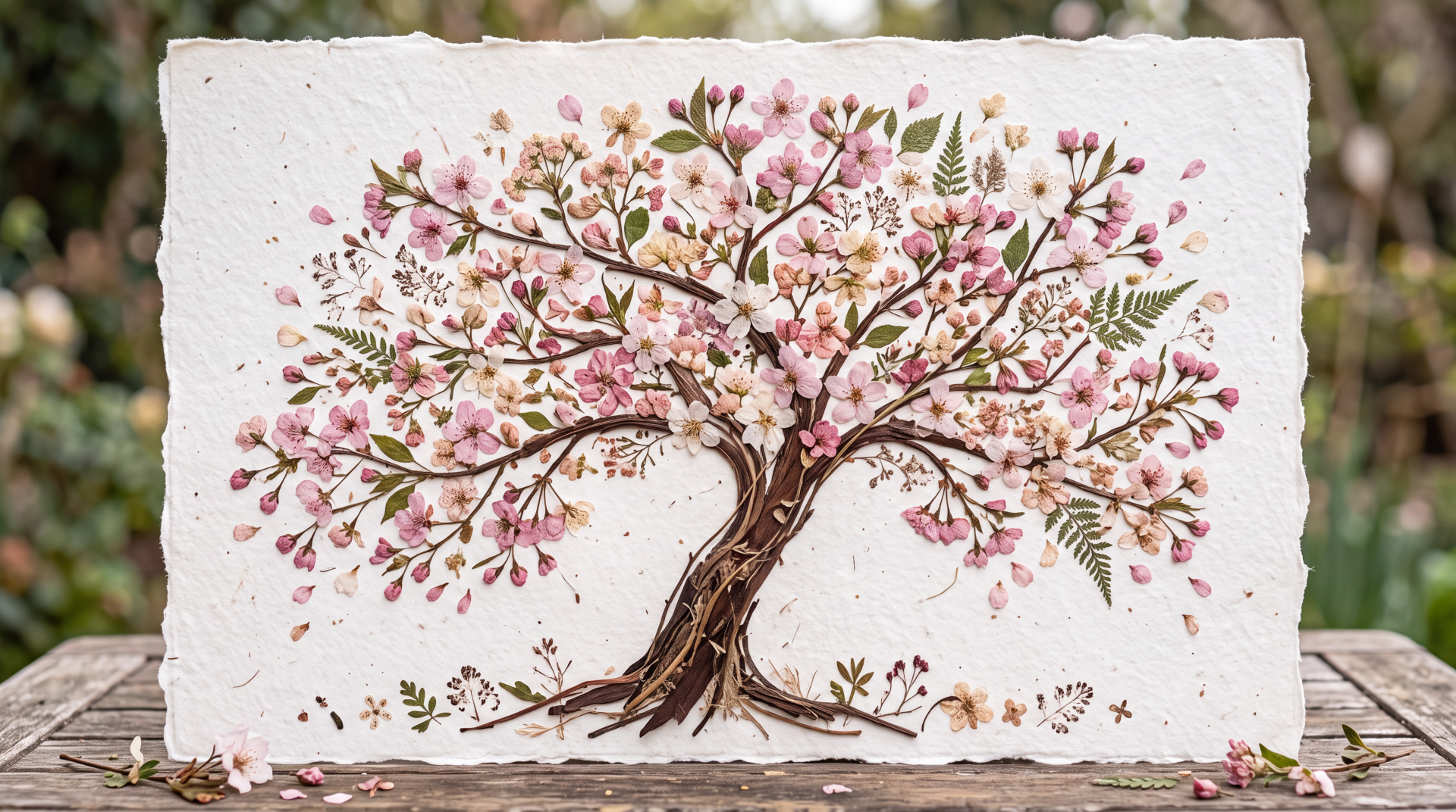 5K Ultra HD PC desktop wallpaper: painting of a cherry blossom tree in full bloom, pink blossoms and textured trunk against a soft background.