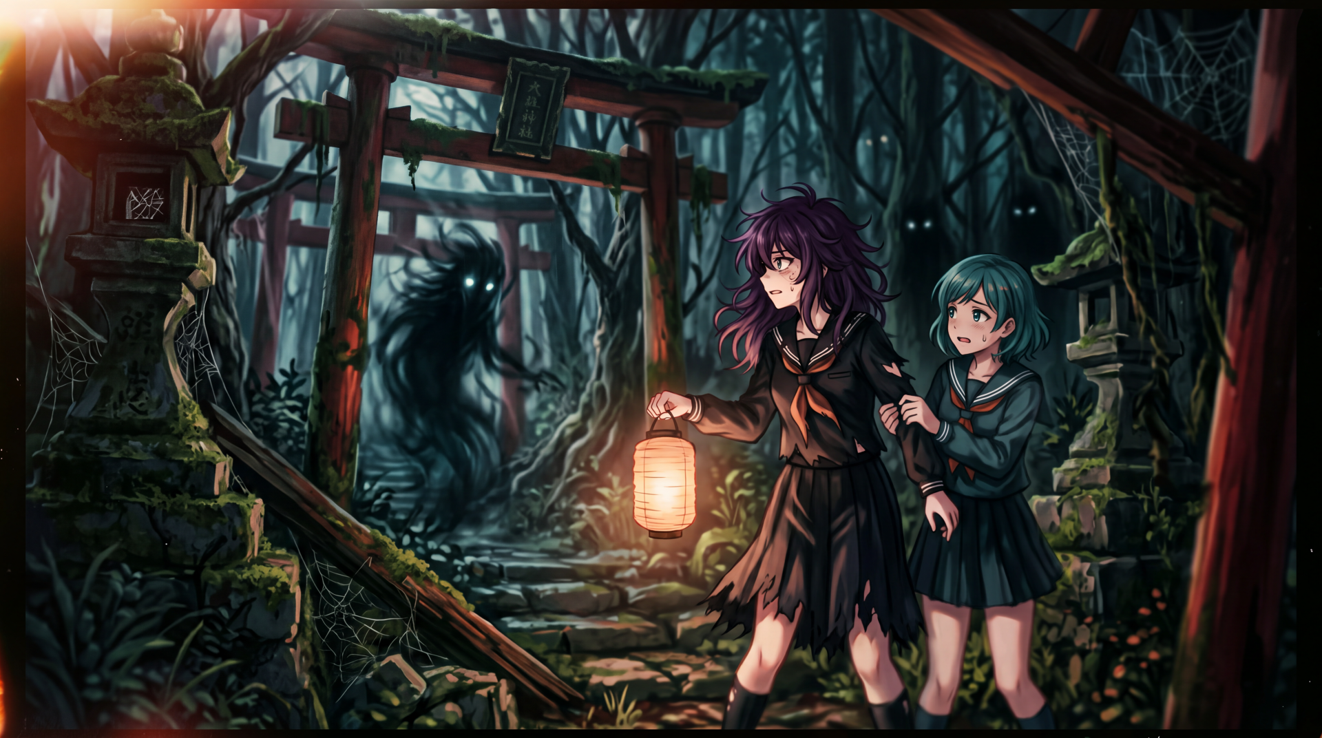 Spooky anime scene: two girls in a moonlit forest, one clutching a lantern as they approach a torii gate with a shadowy creature beyond — 5K Ultra HD PC desktop wallpaper.