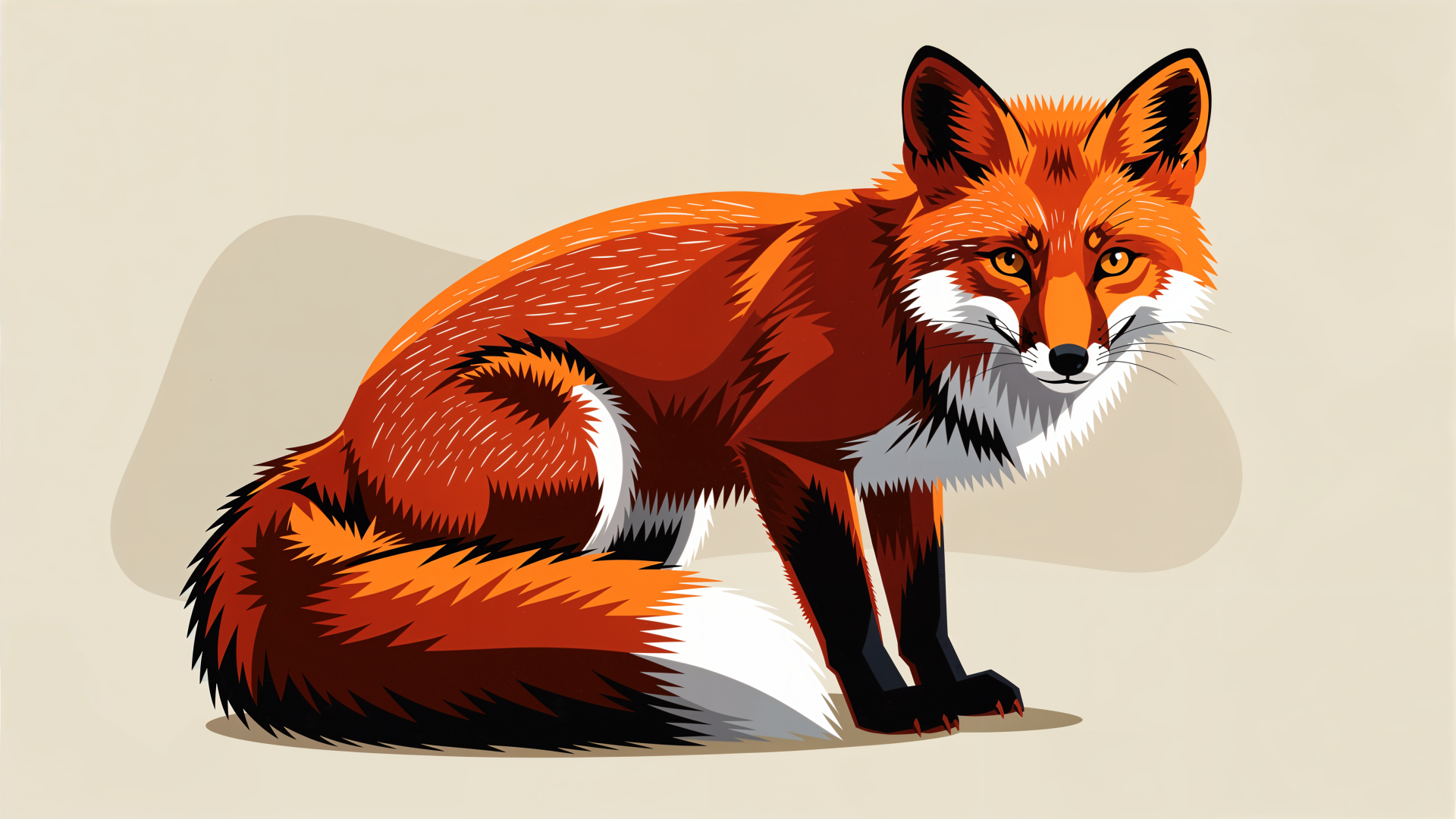 4K Ultra HD PC desktop wallpaper of a stylized red fox with rich orange fur, white chest and bushy tail, sitting and gazing forward on a neutral background.