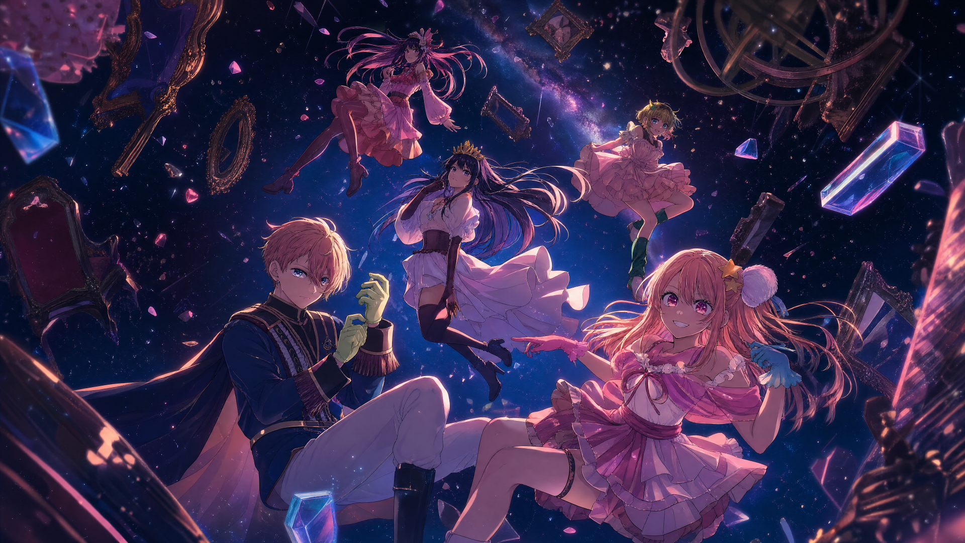 Oshi no Ko anime 4K Ultra HD PC wallpaper: girls drifting through a starry sky of glowing crystals, clockwork gears and stage motifs in soft pink and deep blue tones.