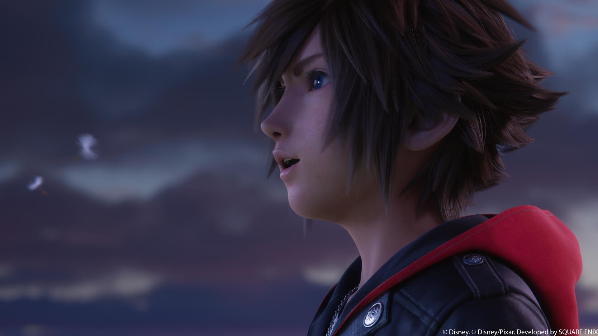 Close-up of Sora from Kingdom Hearts IV — anime-style boy from the video game, gazing at a twilight sky; 4K Ultra HD PC desktop wallpaper.