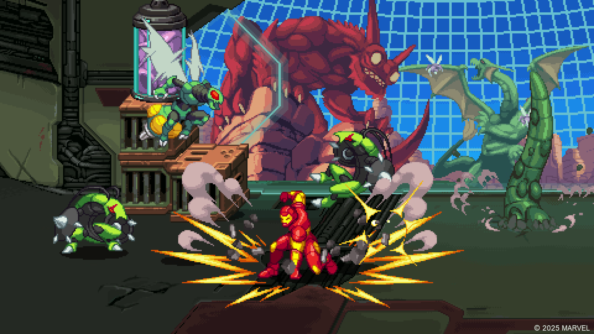 HD PC desktop wallpaper/background from MARVEL Cosmic Invasion video game: Iron Man clashes with a giant red monster and green minions in a pixel-art city battle.