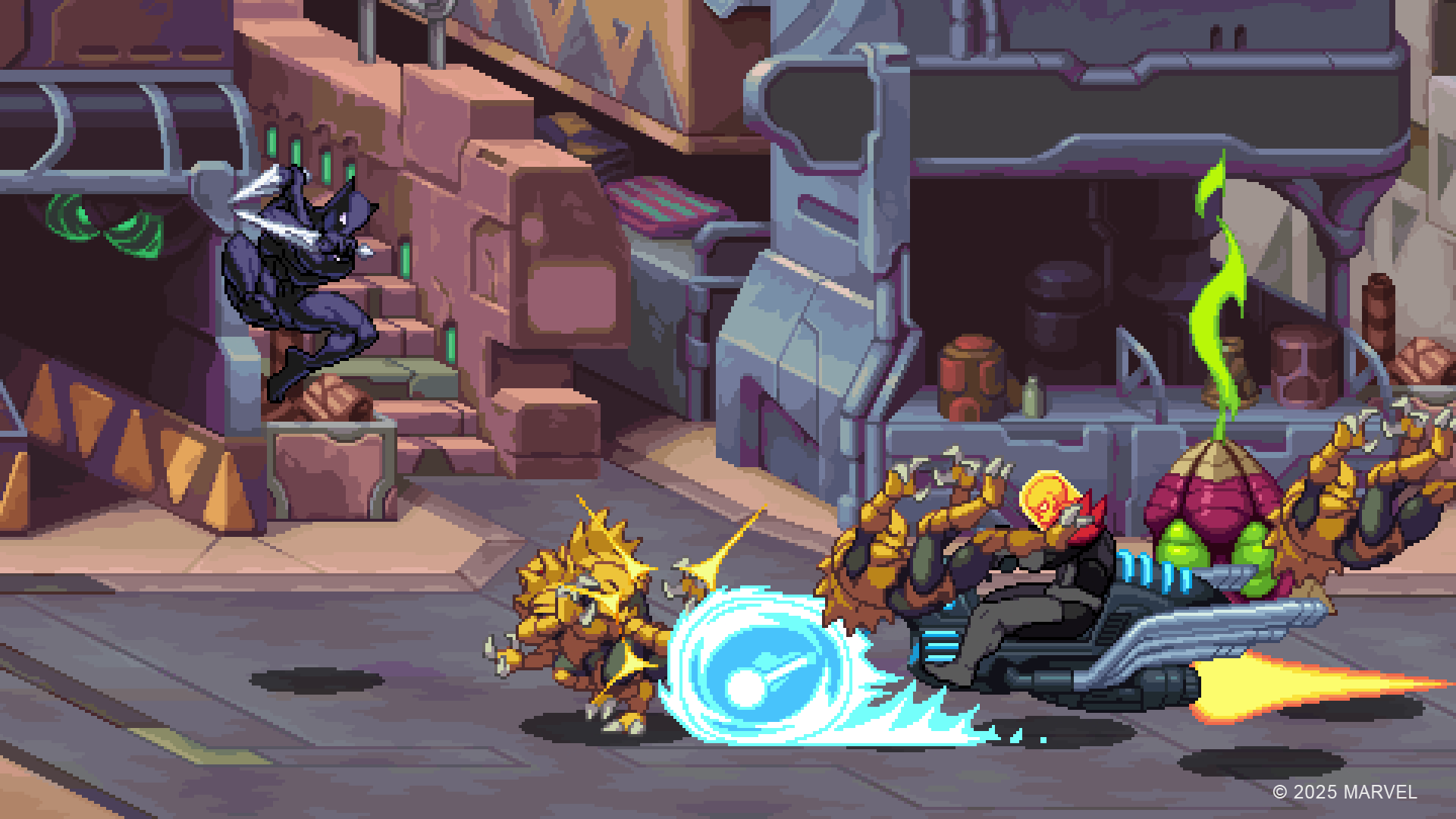 HD PC wallpaper from video game MARVEL Cosmic Invasion: Cosmic Ghost Rider on a flaming skull bike firing blue energy amid armored foes on a neon sci‑fi street background.