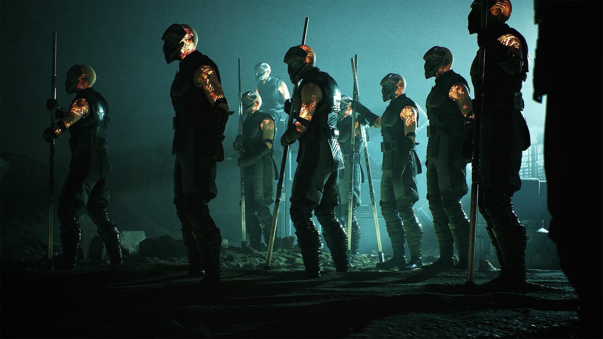 HD PC wallpaper from the video game Star Wars: Zero Company showing a line of armored Star Wars soldiers holding rifles against a misty, teal-lit battlefield background.