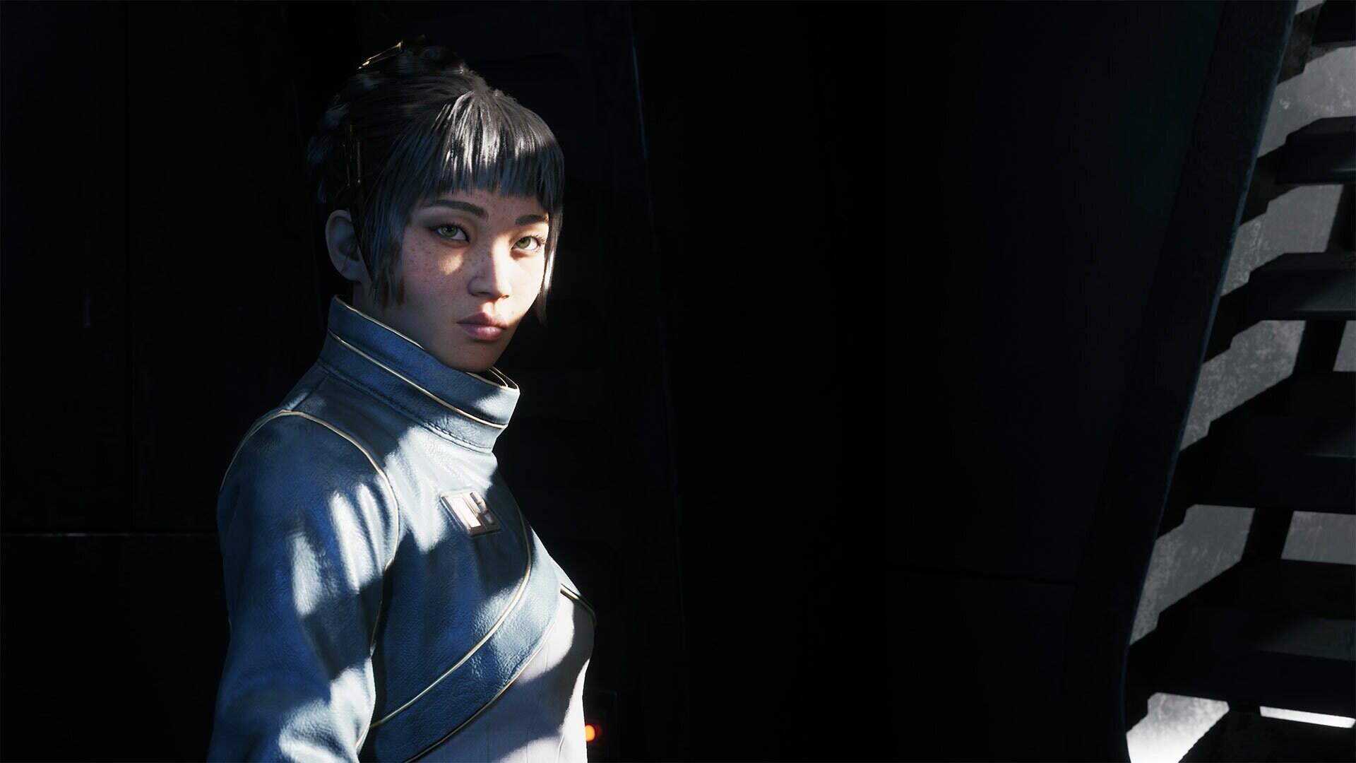 HD PC desktop wallpaper showing Jae Mordant from the video game Star Wars: Zero Company — a female character in a futuristic uniform, lit dramatically against a dark background.