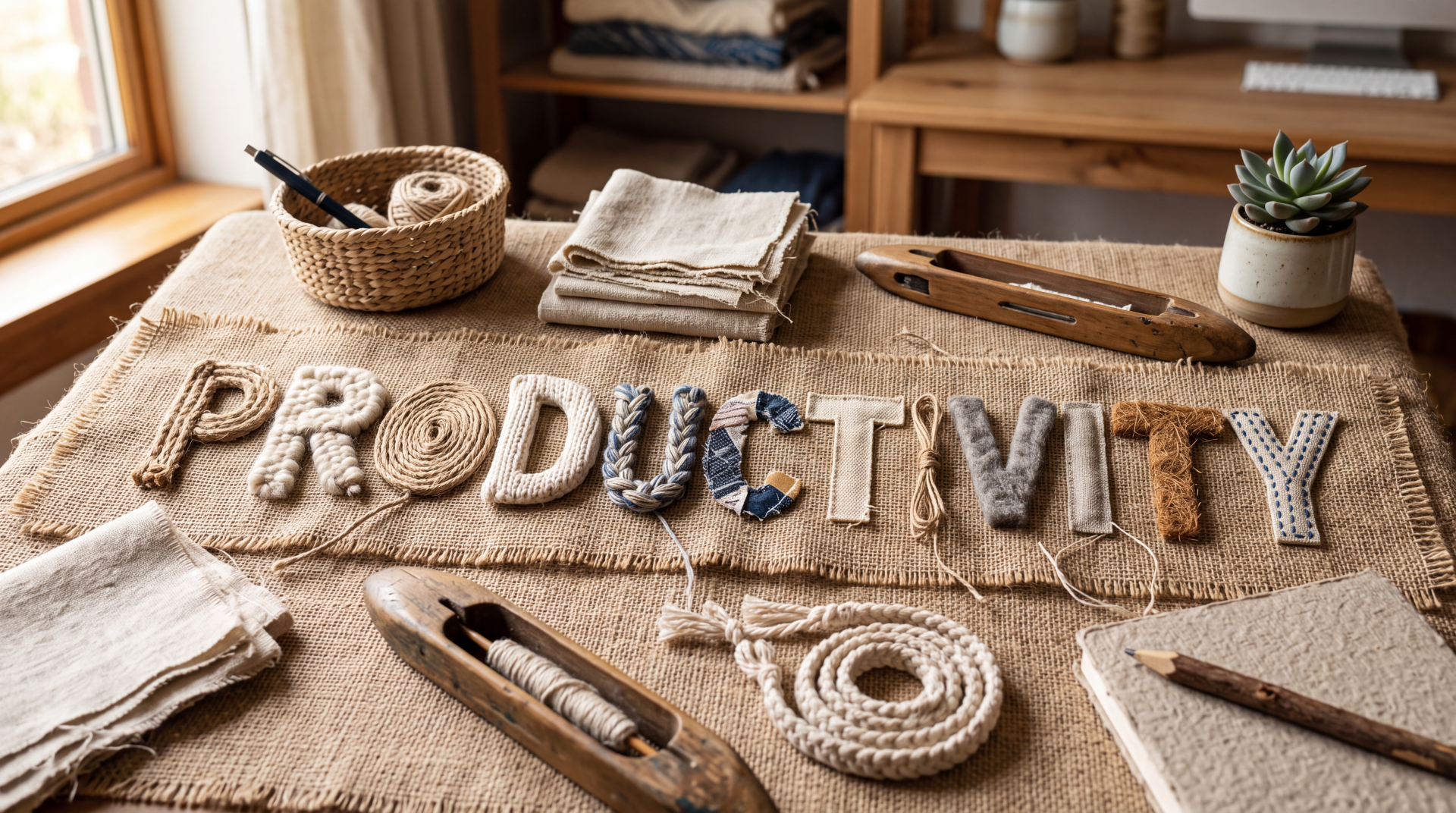 5K Ultra HD PC desktop wallpaper showing woven letters spelling PRODUCTIVITY on a rustic worktable surrounded by textile tools, baskets, folded linens and a small succulent.