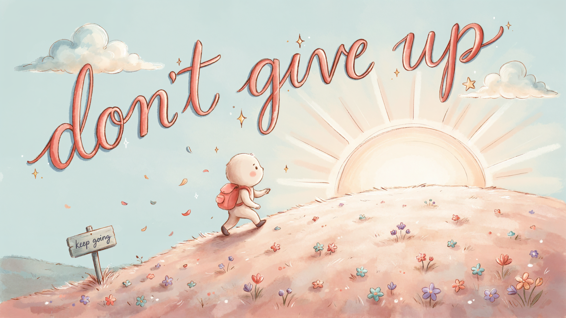 4K Ultra HD PC desktop wallpaper and background: a small child with a backpack walks toward a glowing sunrise over a flower-dotted hill beneath the handwritten quote don't give up.