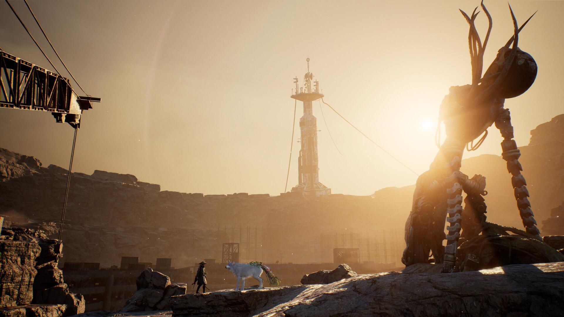4K Ultra HD PC desktop wallpaper from the video game Beast of Reincarnation: a towering skeletal beast silhouetted against sunlit desert ruins with a distant lighthouse.
