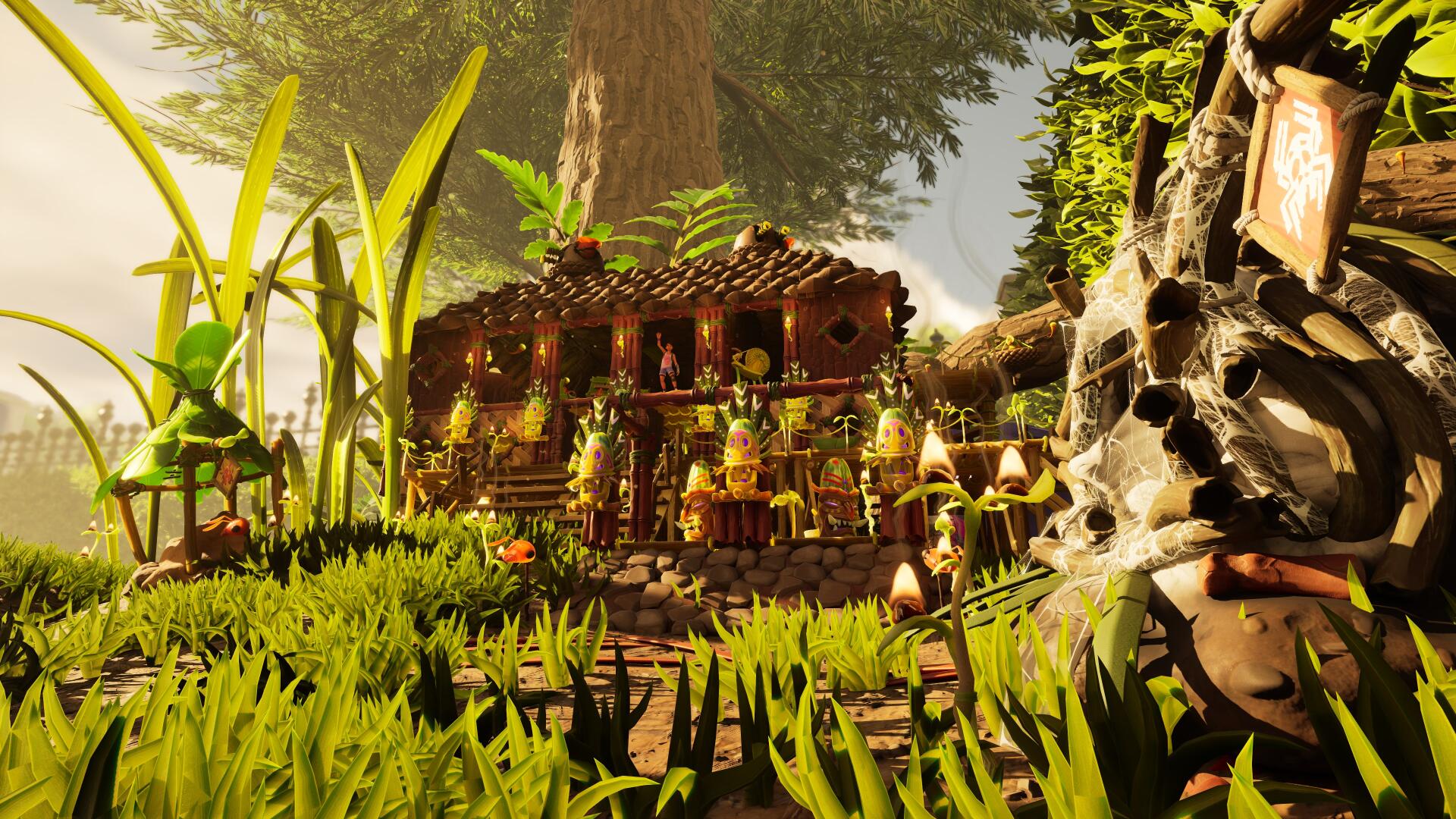 4K Ultra HD PC desktop wallpaper from the video game Grounded 2: a rustic hut nestled in a lush jungle forest among towering blades of grass.