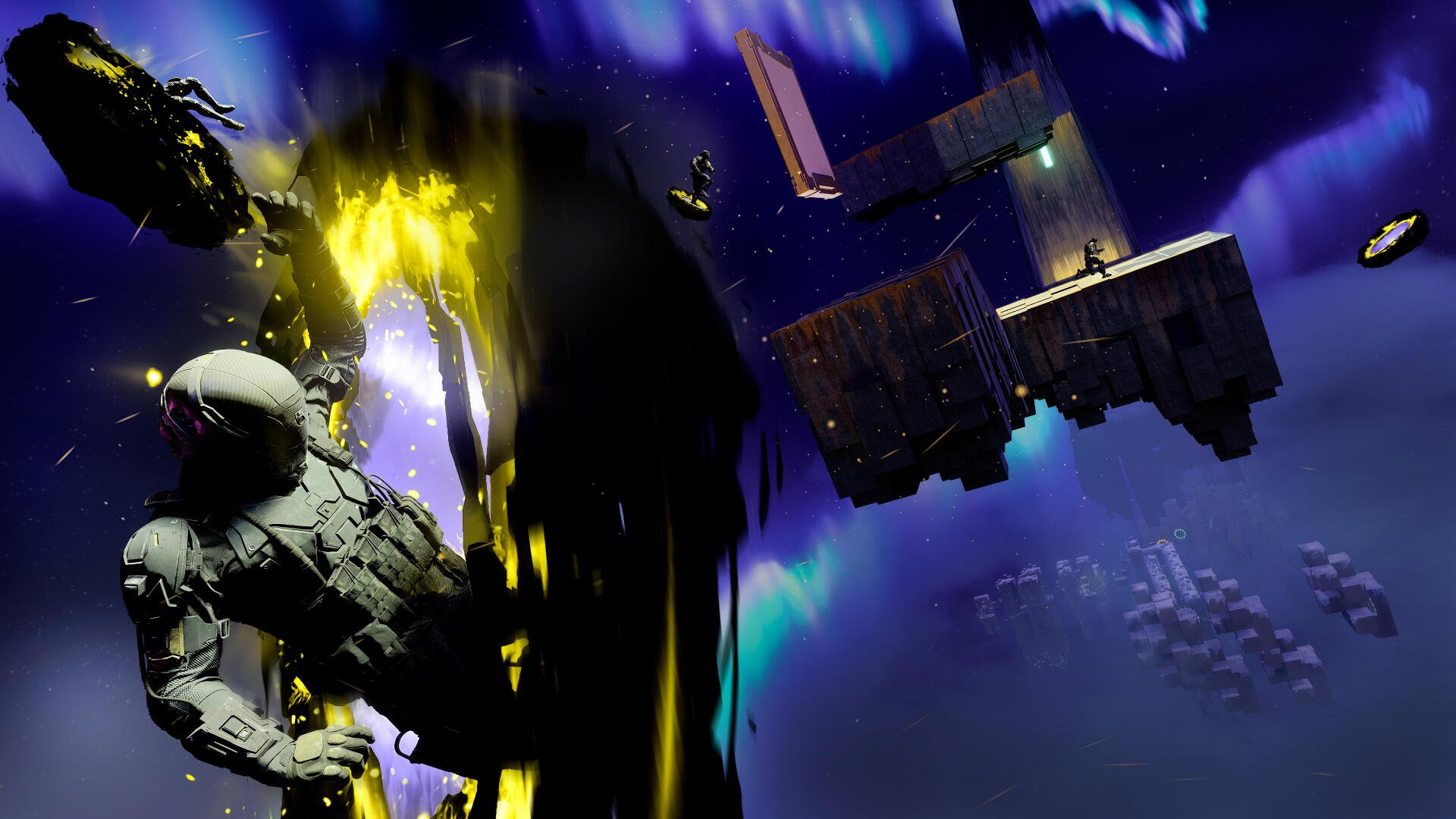 4K Ultra HD Call of Duty: Black Ops 7 PC wallpaper — astronaut confronting a shadowy alien amid floating space debris and neon auroras