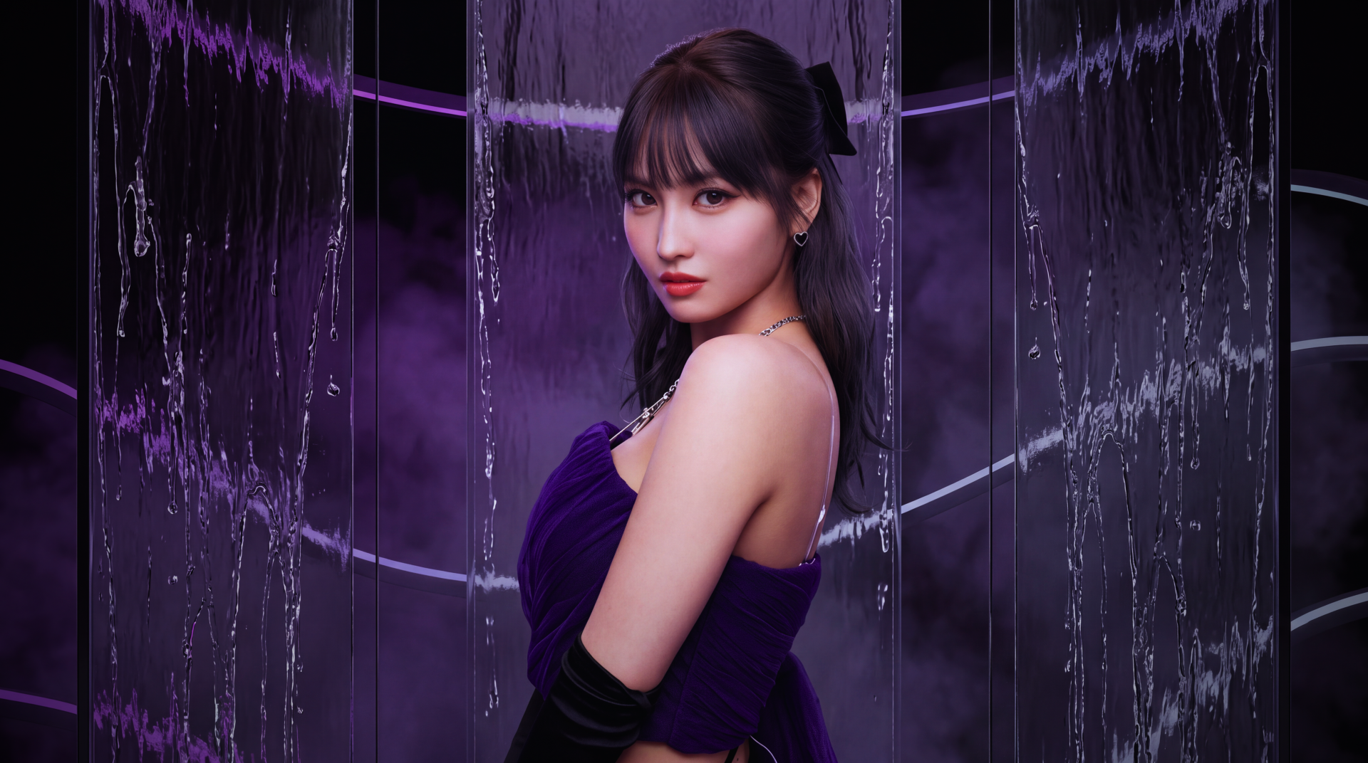 5K Ultra HD desktop wallpaper: a K-pop idol–inspired Japanese model look in a purple dress poses before a purple-lit cascading water backdrop, MiSaMo/Twice aesthetic.