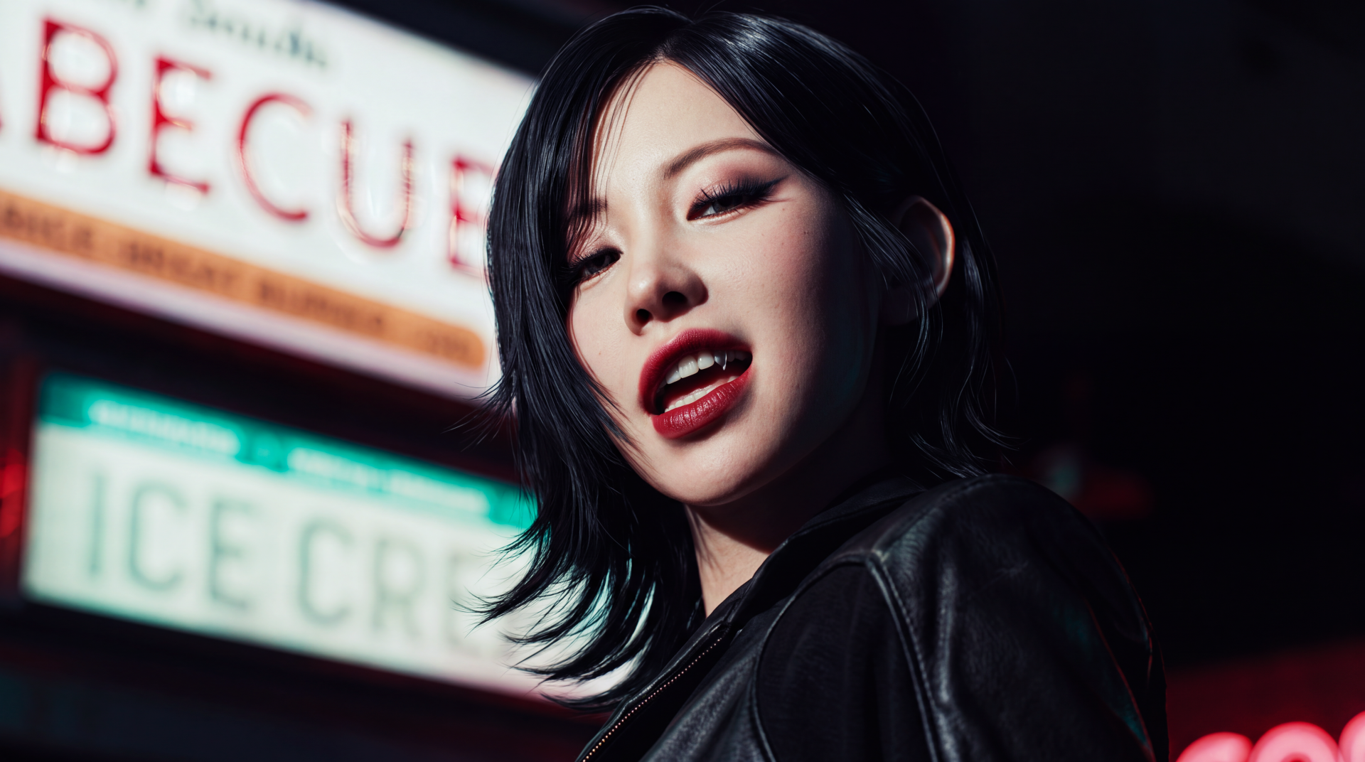 5K Ultra HD desktop wallpaper: close-up of a vampiric, K-pop–styled woman with dark hair, red lips and leather jacket, lit by neon signs.