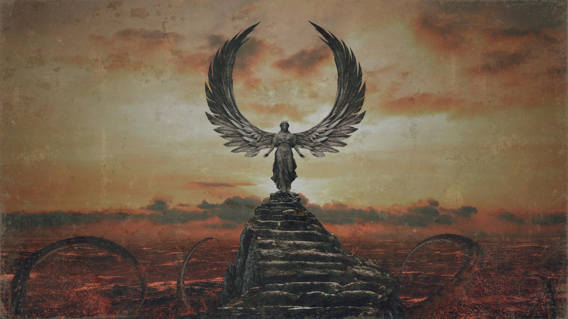 Quake-inspired video game 2K Quad HD PC desktop wallpaper background: a winged angel statue stands atop ruined steps against a fiery, blood-red sky.