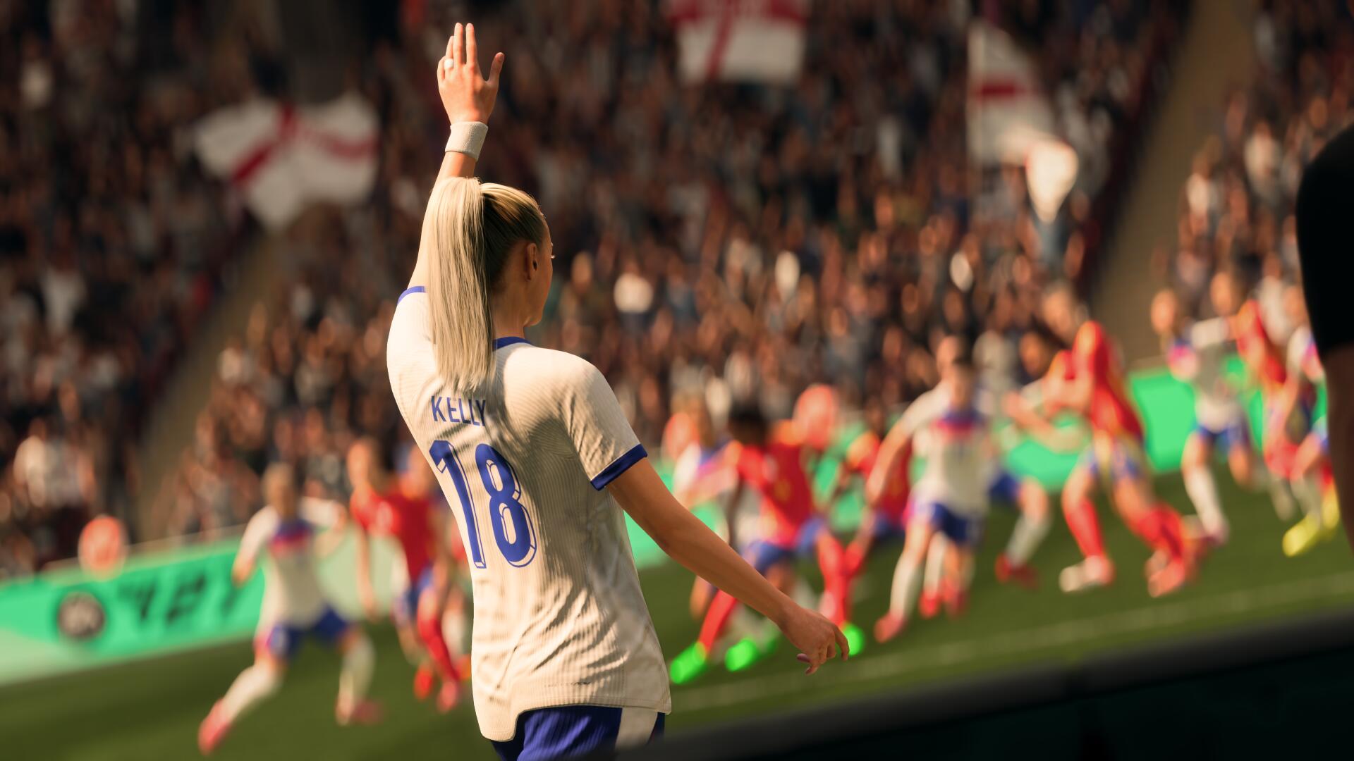 EA SPORTS FC 27 video game 4K Ultra HD PC desktop wallpaper and background: No.18 soccer player raises a hand on the pitch as teammates and the crowd react.