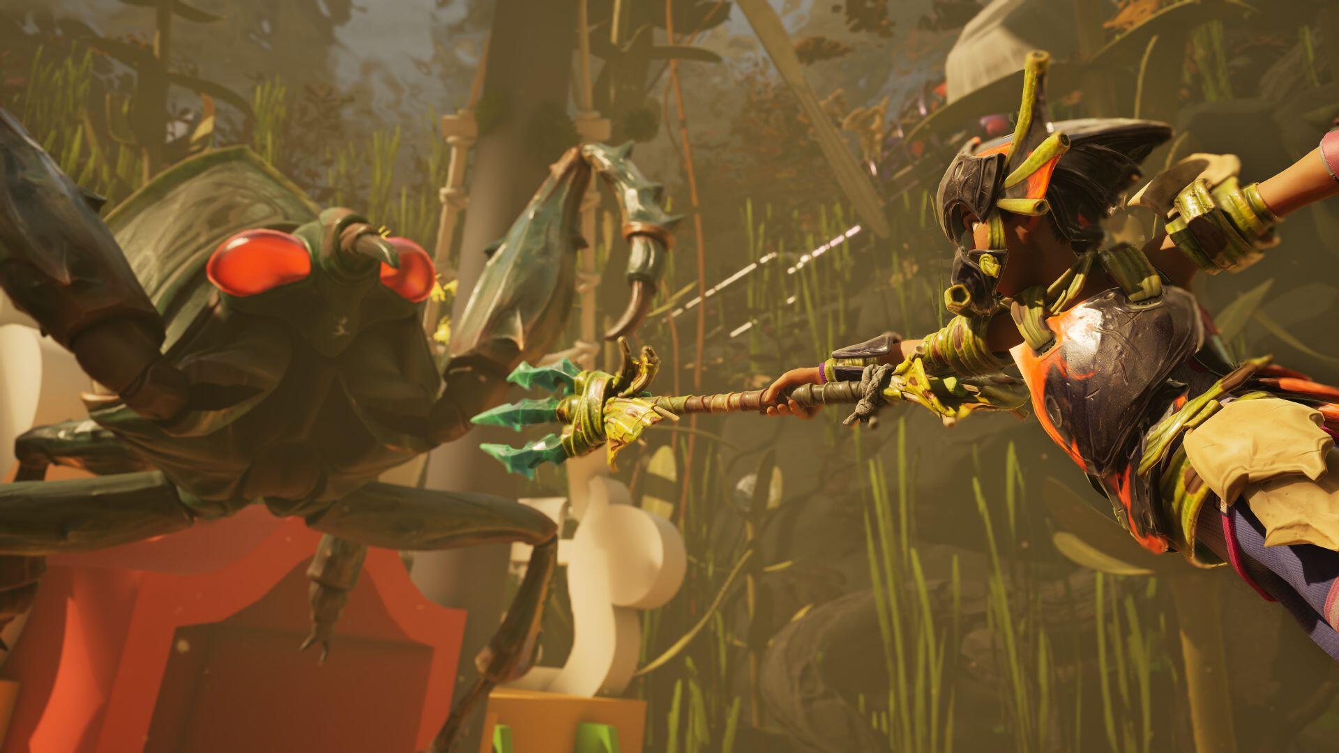 HD PC desktop wallpaper from video game Grounded 2: an armored insect-alien warrior lunges with a spiked spear at a giant red-eyed insect amid towering backyard grass.