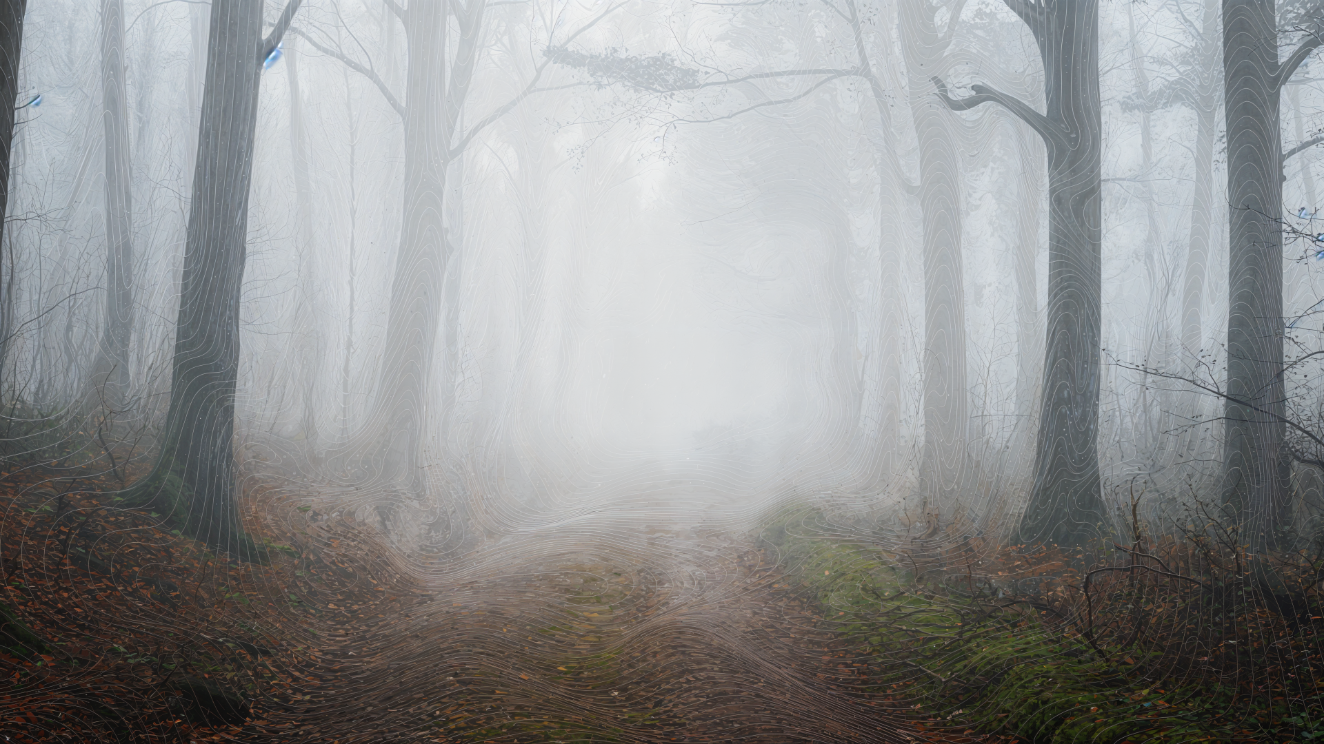 Misty forest trail: fog-shrouded trees and a narrow dirt path fading into haze — 4K Ultra HD PC desktop wallpaper and background.