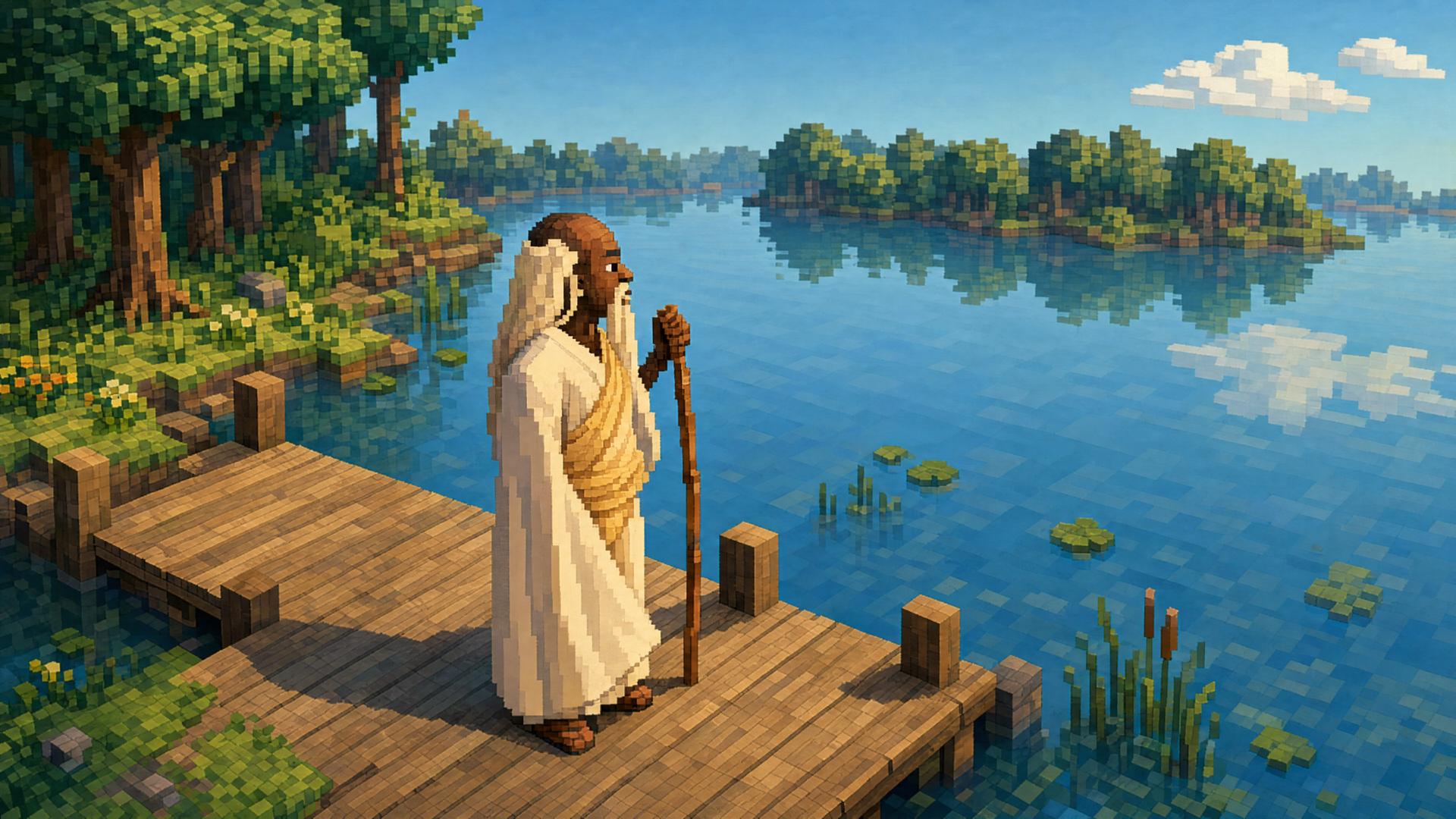 La Peace (meme) 4K Ultra HD PC Desktop Wallpaper and Background: robed figure with staff stands on a wooden dock, gazing over a tranquil lake with tree-covered isles and a reflective blue sky.