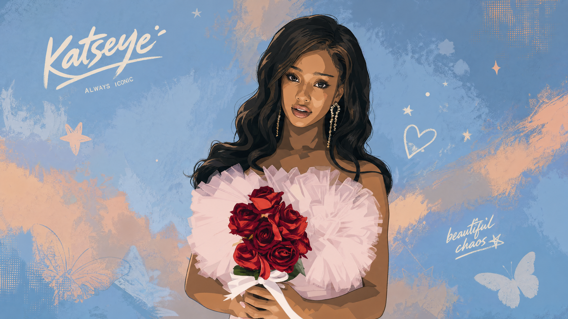 Katseye 4K Ultra HD PC desktop wallpaper: stylized portrait of a woman holding red roses and a fluffy pink heart cushion against a pastel blue sky with butterflies and a hand-lettered logo.