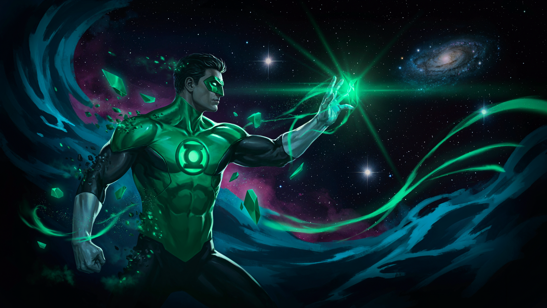 Green Lantern superhero (male) in comic-style 4K Ultra HD PC desktop wallpaper: glowing green power ring unleashes energy into a swirling cosmic nebula and starfield background.