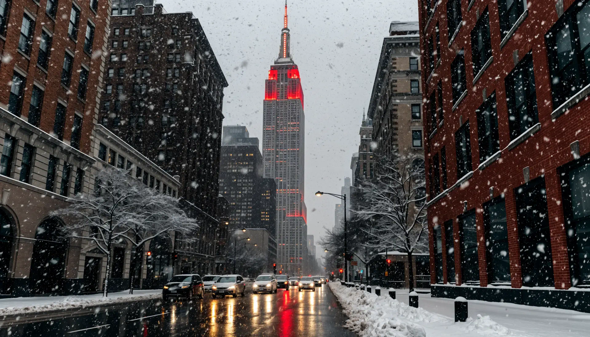 Snow falls on a wet New York avenue lined with brick buildings, headlights reflecting toward the red-lit Empire State Building rising among skyscrapers — 4K Ultra HD PC desktop wallpaper.