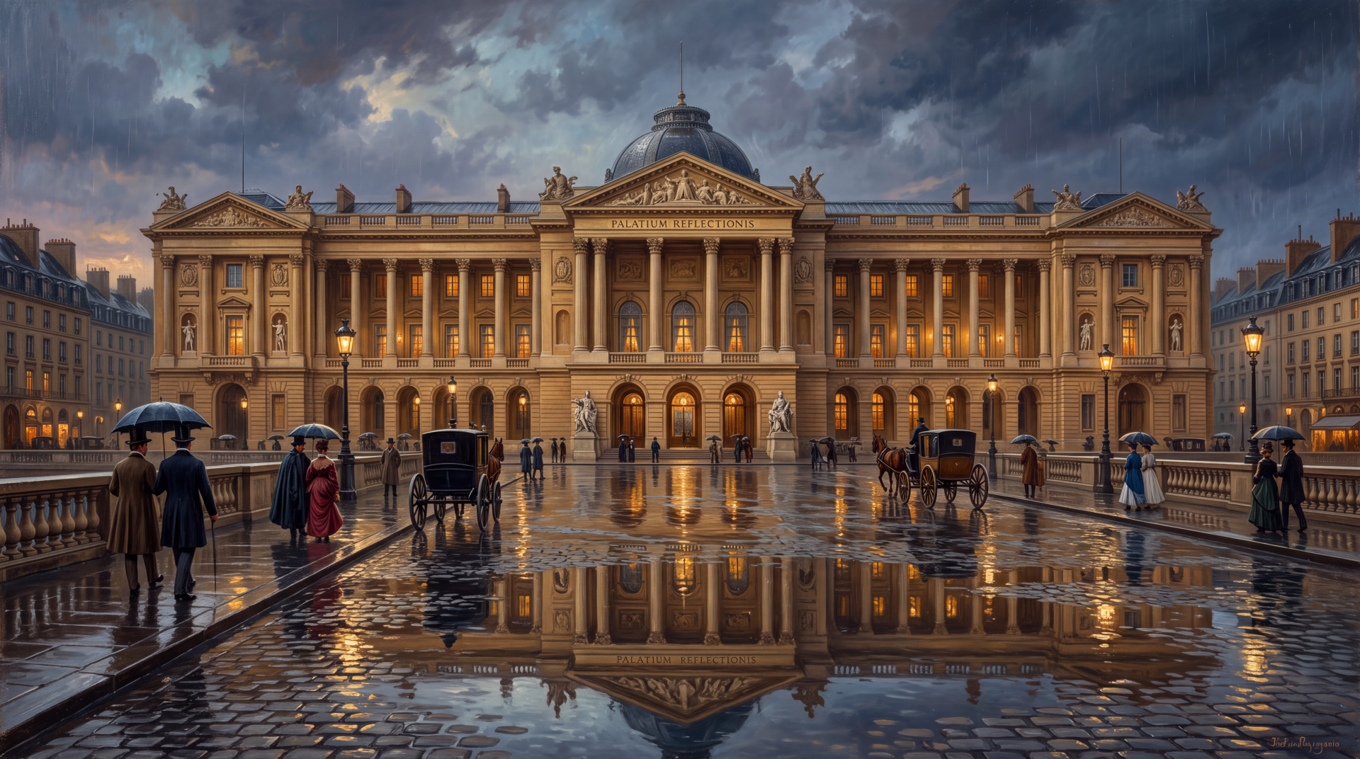 5K Ultra HD PC desktop wallpaper/background: grand illuminated palace landmark reflected in a rain-soaked square, ornate architecture under a stormy sky, figures with umbrellas and a carriage.