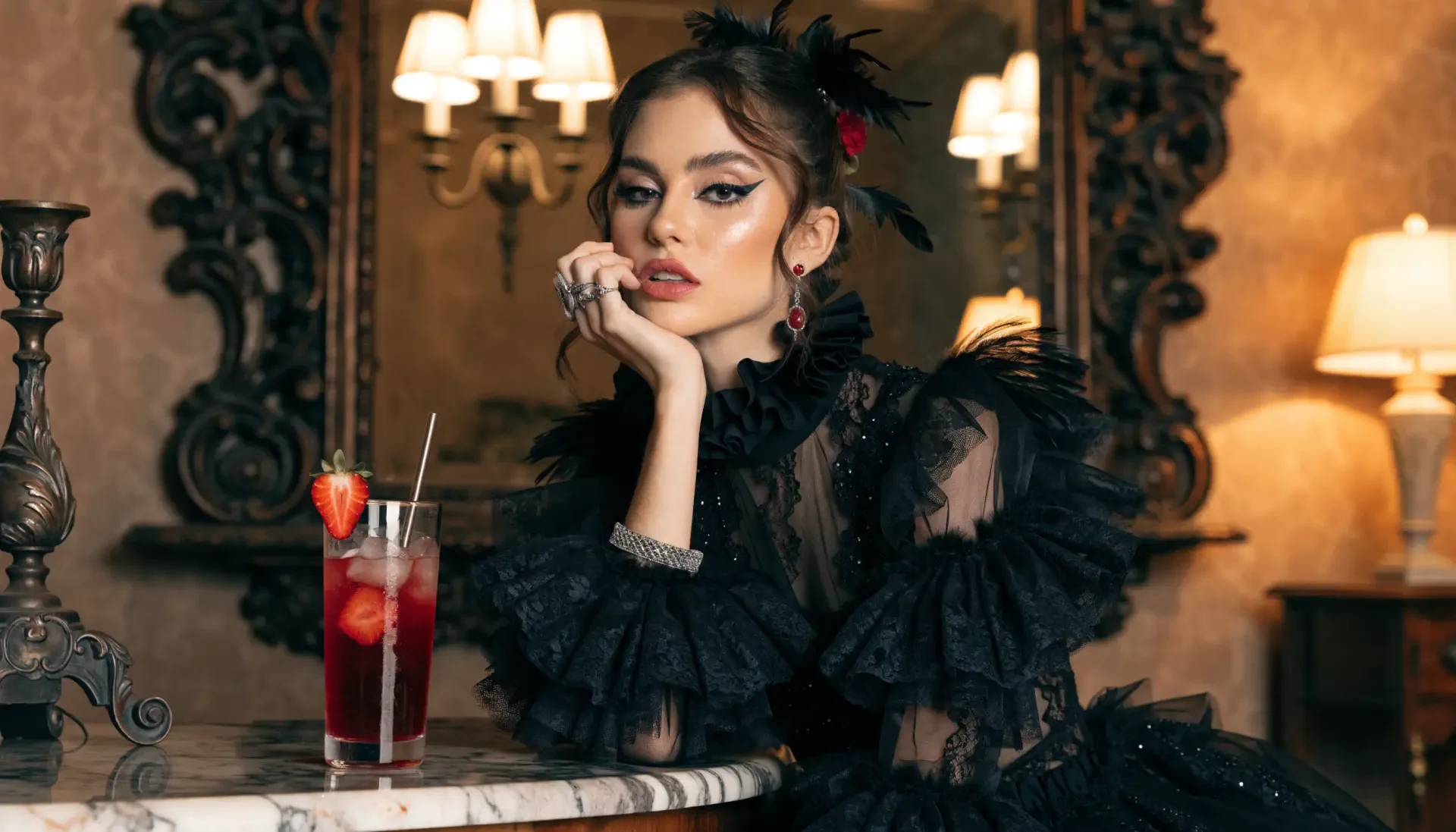 Dark coquette portrait of a fashionable woman in black lace and ribbons at a marble table with a red drink — 2K Quad HD PC desktop wallpaper/background.
