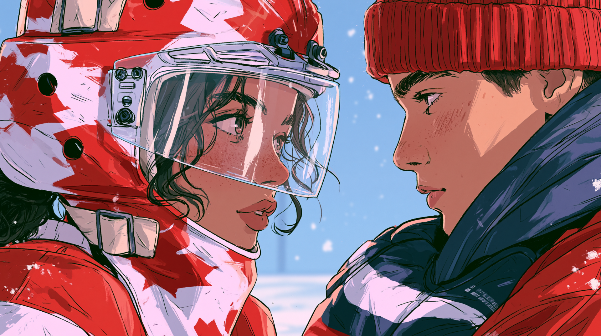 2K Quad HD PC desktop wallpaper and background: winter hockey romance — a couple face each other, one in a red hockey helmet with visor, the other in a red beanie, snow falling.