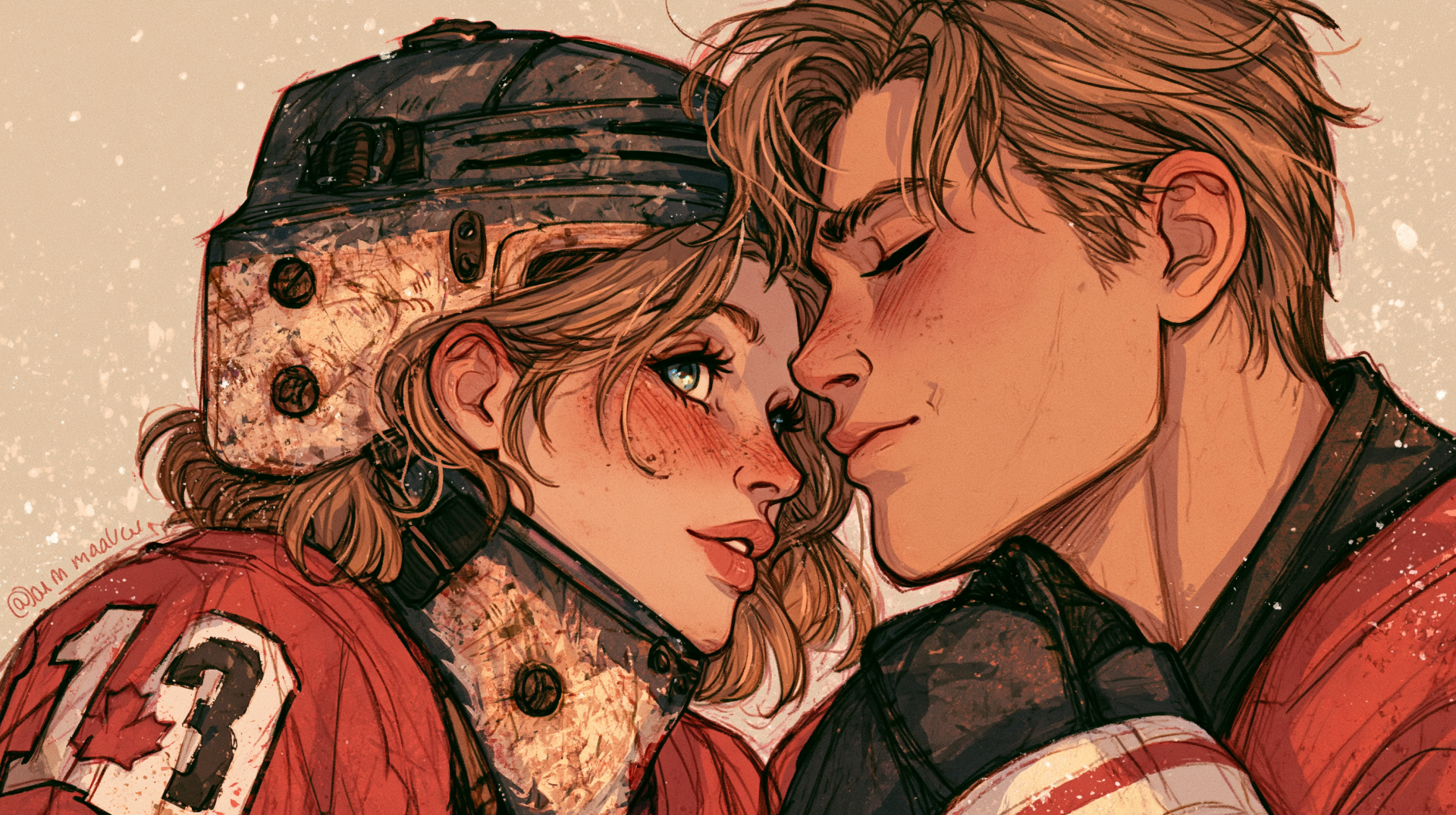 Close-up illustration of a loving couple in hockey gear sharing a tender near-kiss, warm freckled faces and scuffed helmet details — 2K Quad HD PC desktop wallpaper and background.