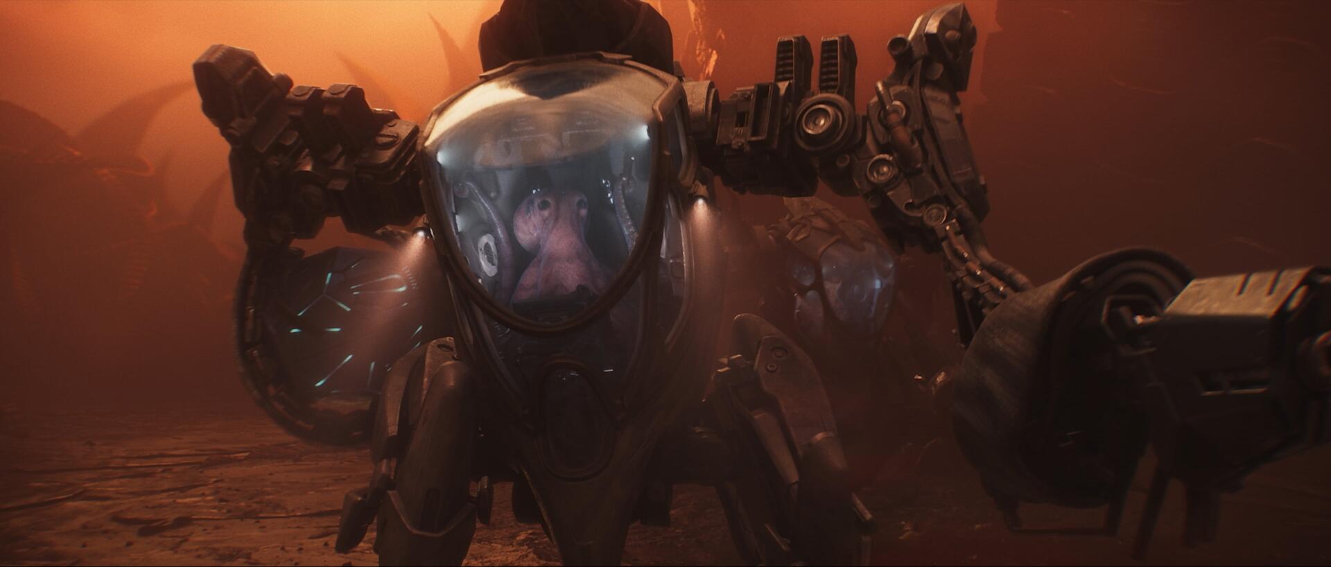 2K Quad HD PC wallpaper from video game Exodus (2027): armored mech prowling a red battlefield, pilot reflected in the cockpit visor.